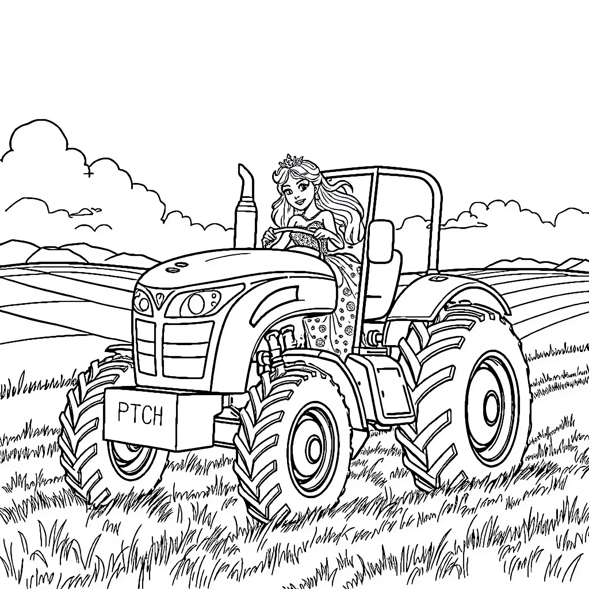 Princess operating a tractor in the countryside Coloring Page (free black-and-white line drawing printable PDF for all, from beginners to advanced learners, including children, teens, adults, and seniors)
