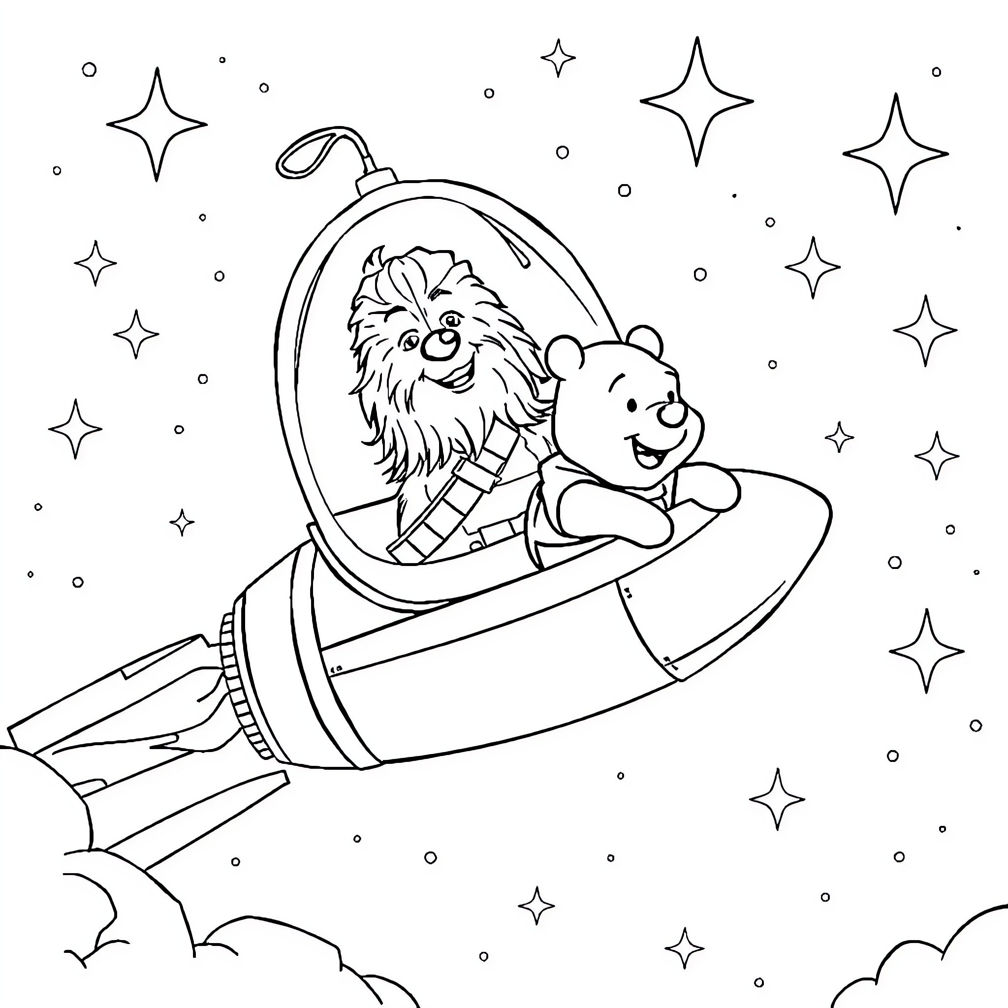 Winnie The Pooh and Chewbacca on a space adventure Coloring Page (free black-and-white line drawing printable PDF for all, from beginners to advanced learners, including children, teens, adults, and seniors)