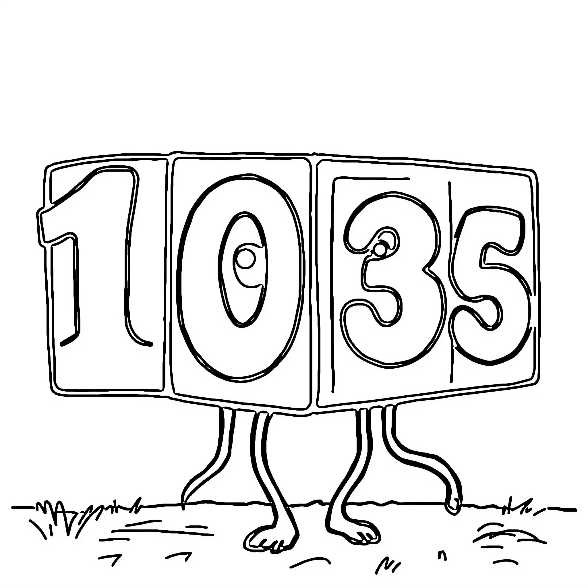 Number 1035 Cubic Blocks Walking On Grass Coloring Page (free black-and-white line drawing printable PDF for all, from beginners to advanced learners, including children, teens, adults, and seniors)