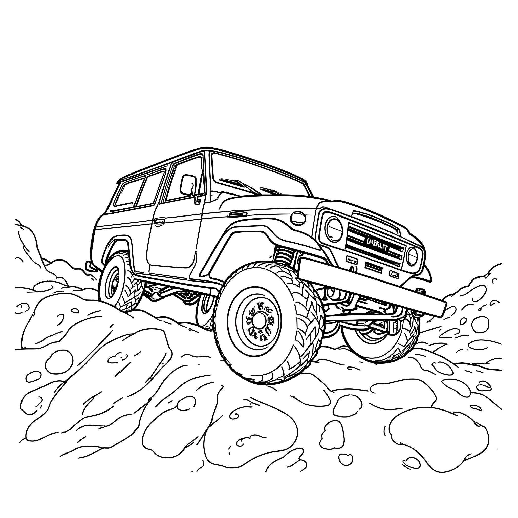 Landcruiser conquering rugged terrain Coloring Page (free black-and-white line drawing printable PDF for all, from beginners to advanced learners, including children, teens, adults, and seniors)