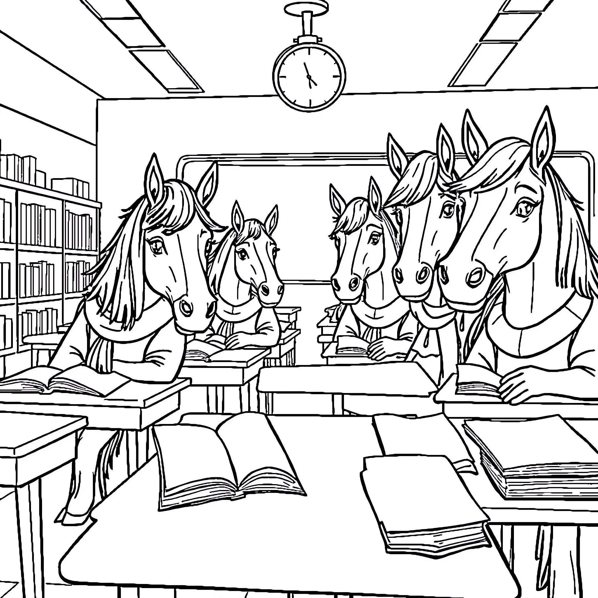 Horse students studying diligently in the library Coloring Page (free black-and-white line drawing printable PDF for all, from beginners to advanced learners, including children, teens, adults, and seniors)