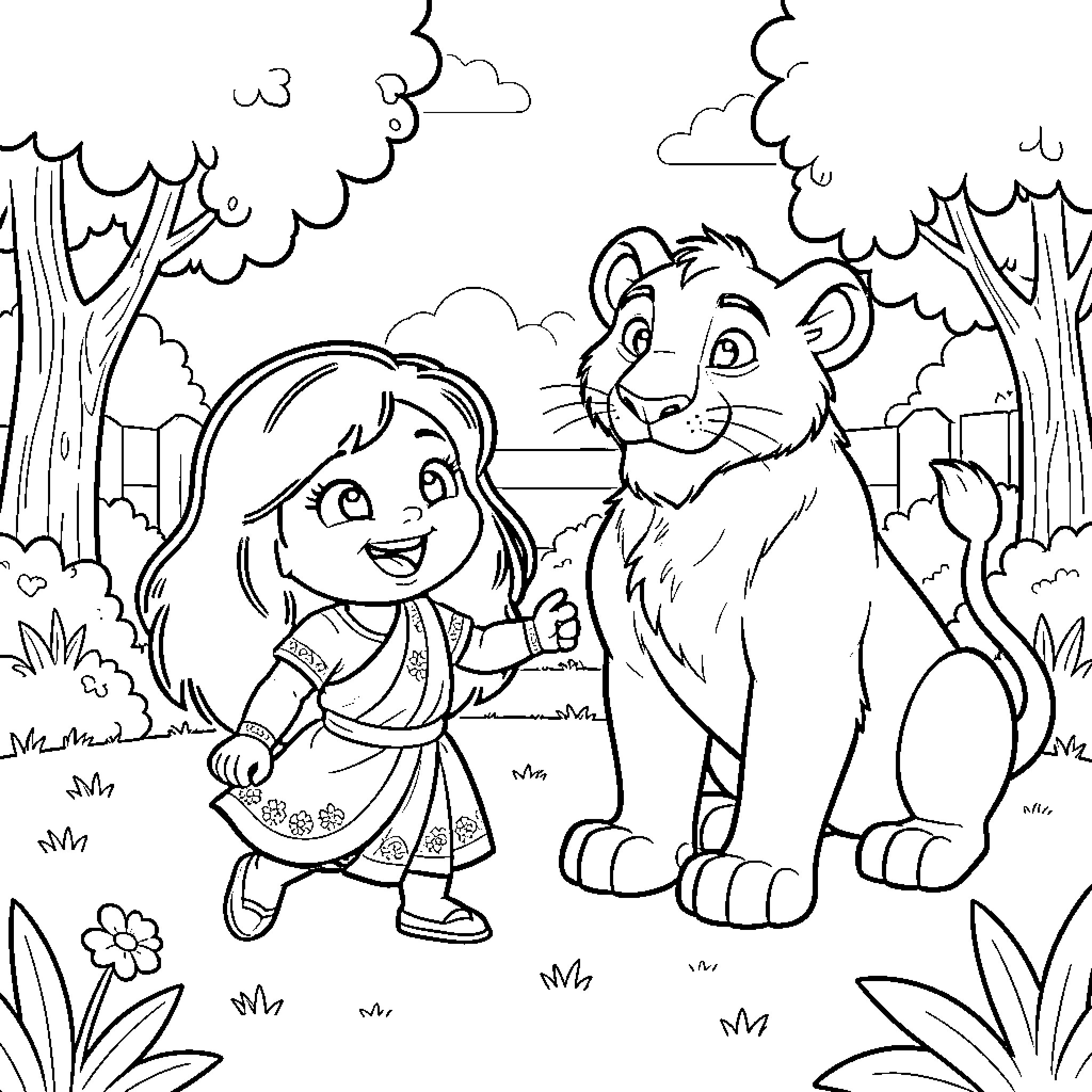 Coco standing beside a friendly lion in a park Coloring Page (free black-and-white line drawing printable PDF for all, from beginners to advanced learners, including children, teens, adults, and seniors)