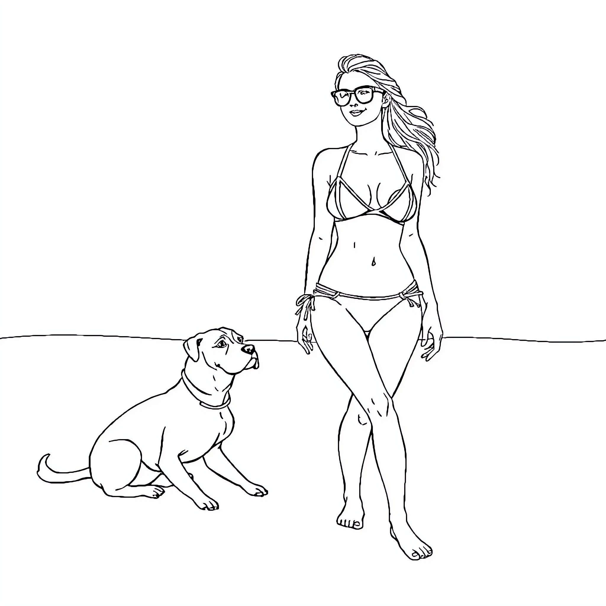 Modelo enjoying the beach with her loyal companion Coloring Page (free black-and-white line drawing printable PDF for all, from beginners to advanced learners, including children, teens, adults, and seniors)