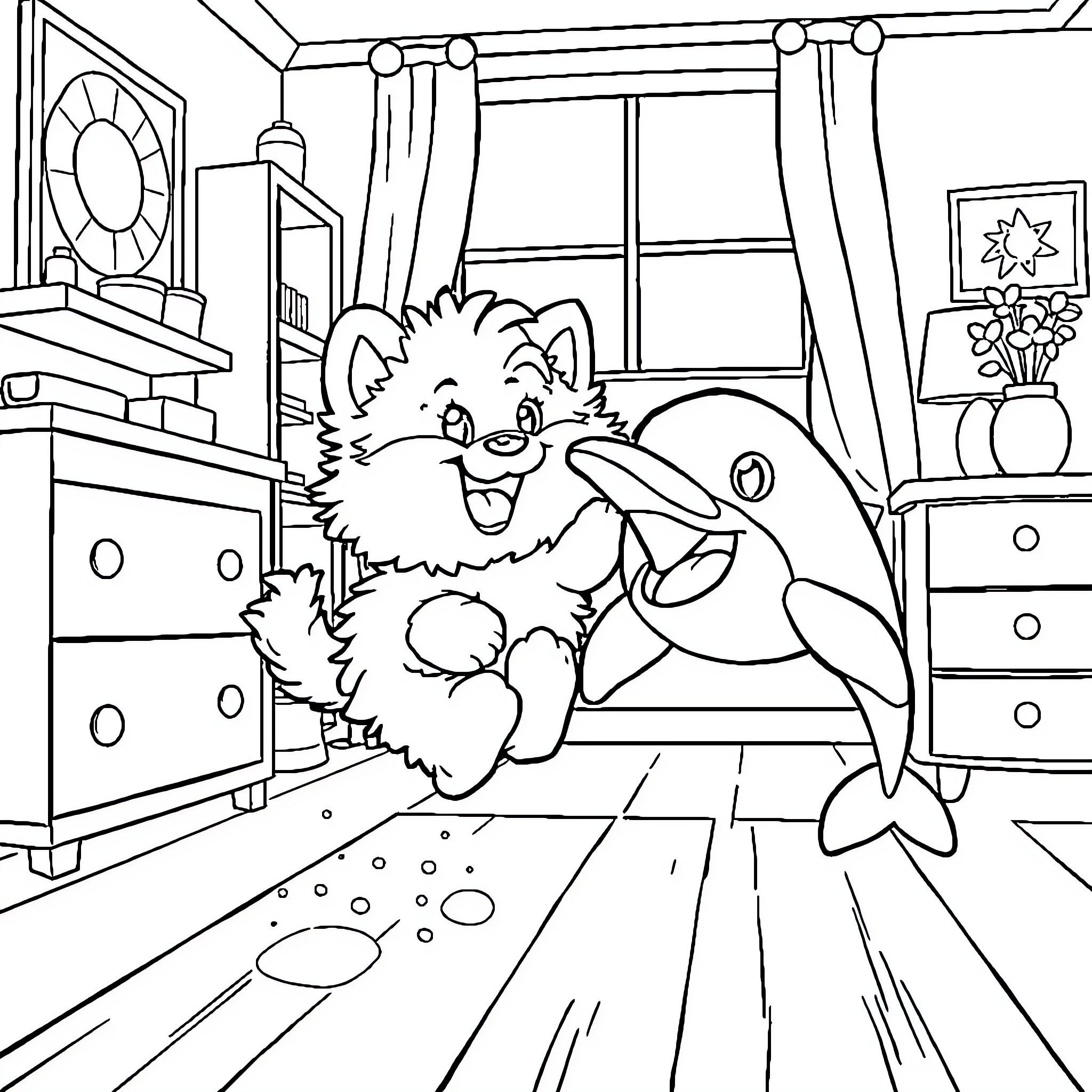 Fluffal creature playing joyfully with aquatic friend Coloring Page (free black-and-white line drawing printable PDF for all, from beginners to advanced learners, including children, teens, adults, and seniors)