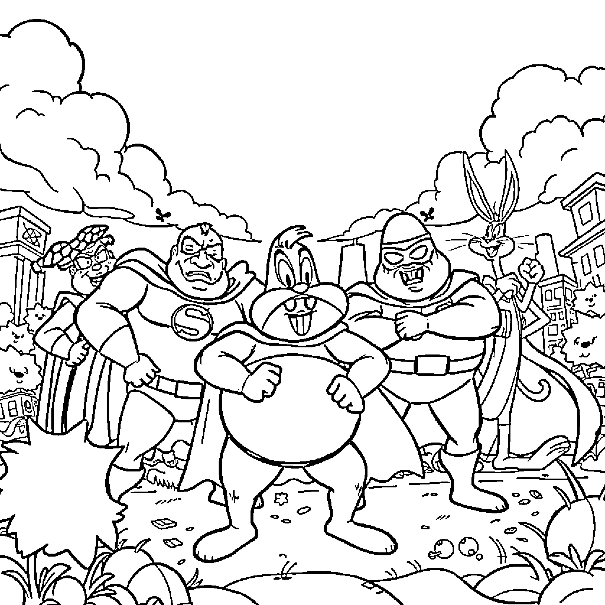 Superheroes Battling in a Chaotic City Scene Coloring Page (free black-and-white line drawing printable PDF for all, from beginners to advanced learners, including children, teens, adults, and seniors)