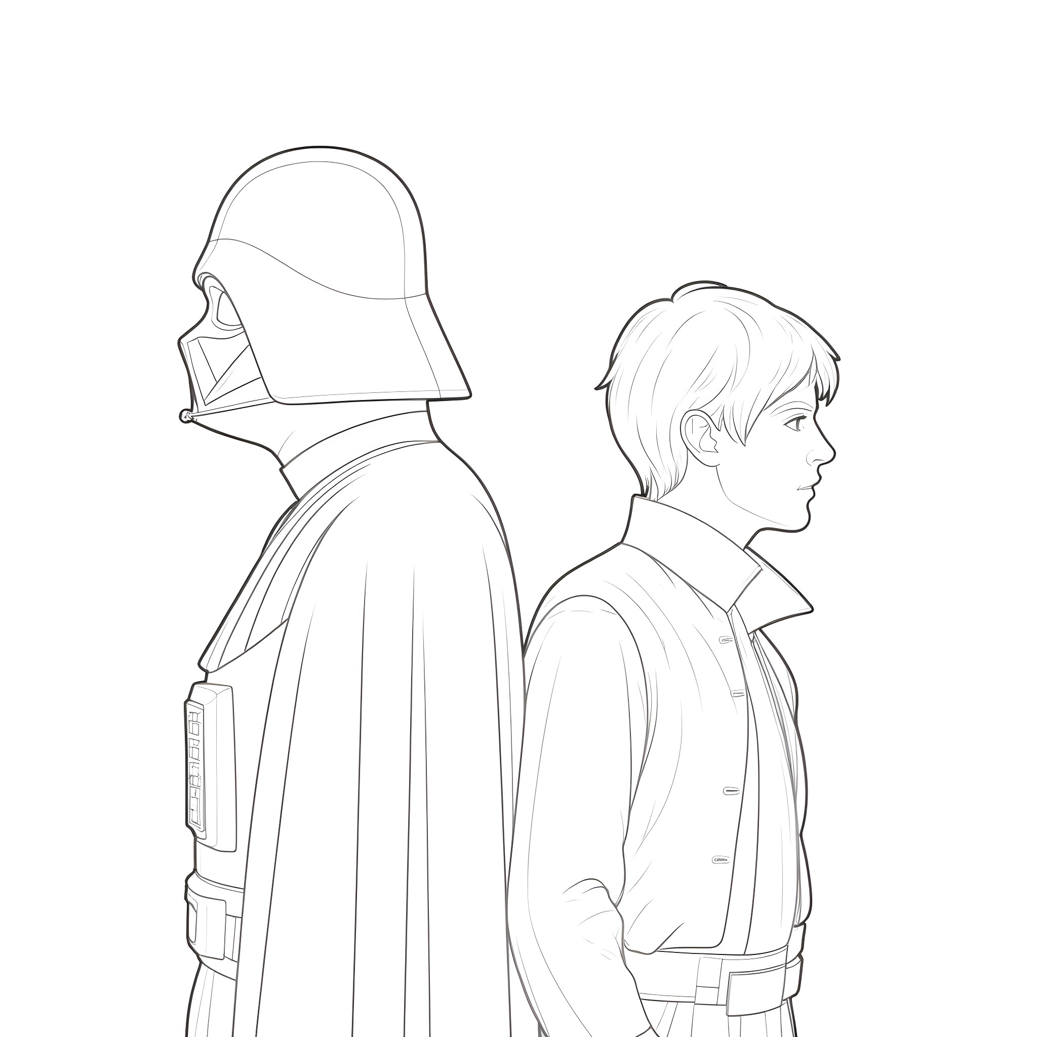Darth Vader and Luke Skywalker in discussion Coloring Page (free black-and-white line drawing printable PDF for all, from beginners to advanced learners, including children, teens, adults, and seniors)