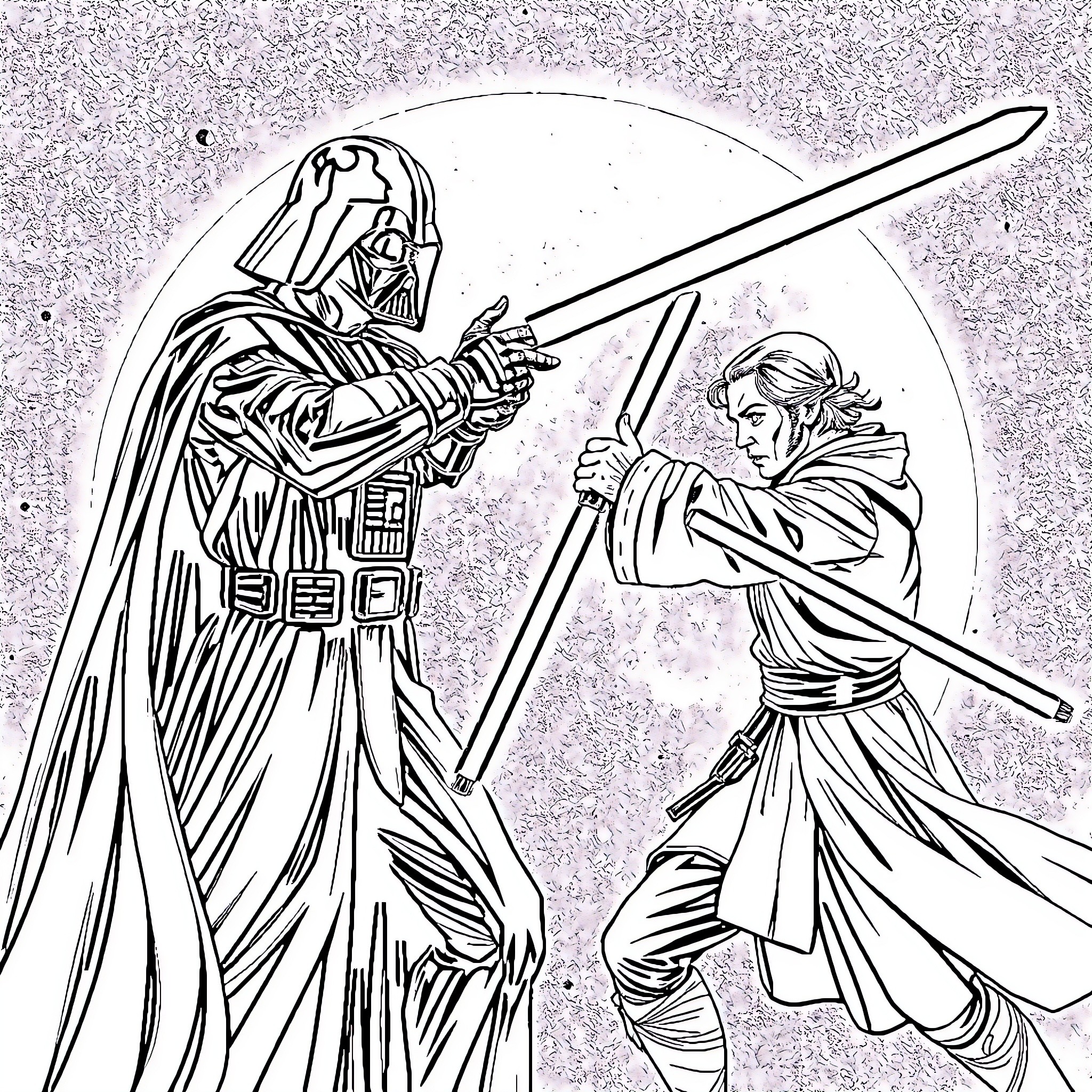 Darth Vader confronting a Jedi warrior Coloring Page (free black-and-white line drawing printable PDF for all, from beginners to advanced learners, including children, teens, adults, and seniors)