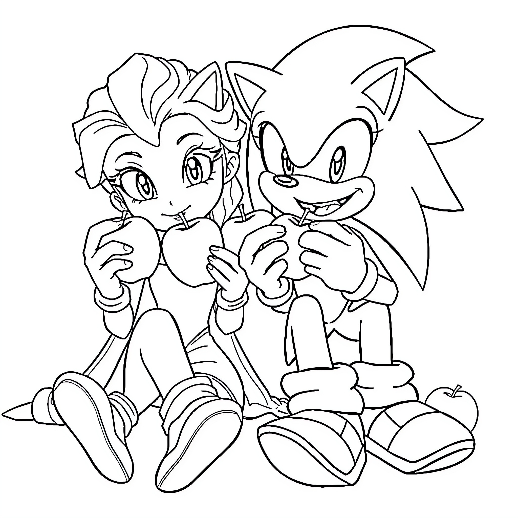 Apple Friends Sharing Apples Happily Coloring Page (free black-and-white line drawing printable PDF for all, from beginners to advanced learners, including children, teens, adults, and seniors)