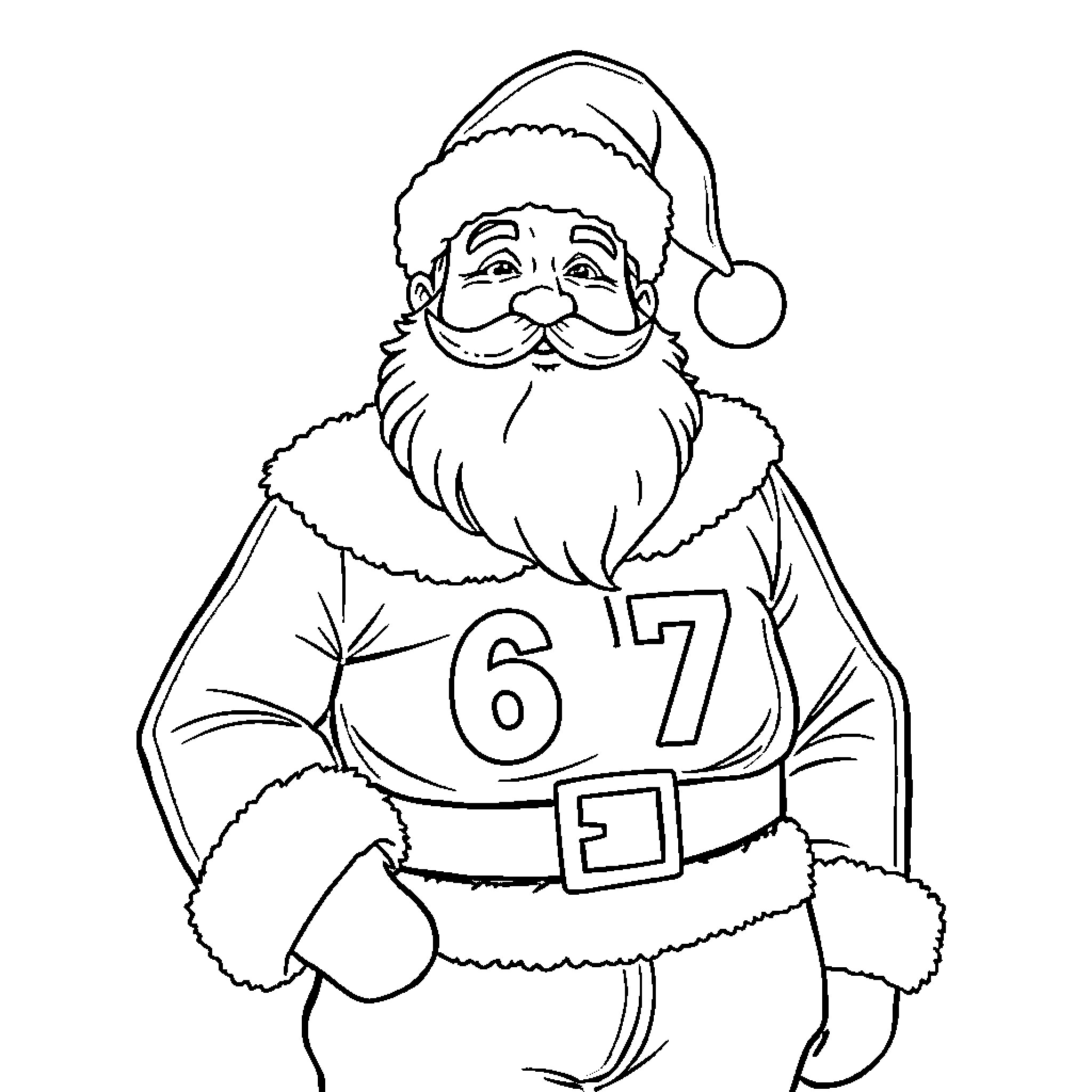 Father Christmas in festive outfit with numbered jersey Coloring Page (free black-and-white line drawing printable PDF for all, from beginners to advanced learners, including children, teens, adults, and seniors)