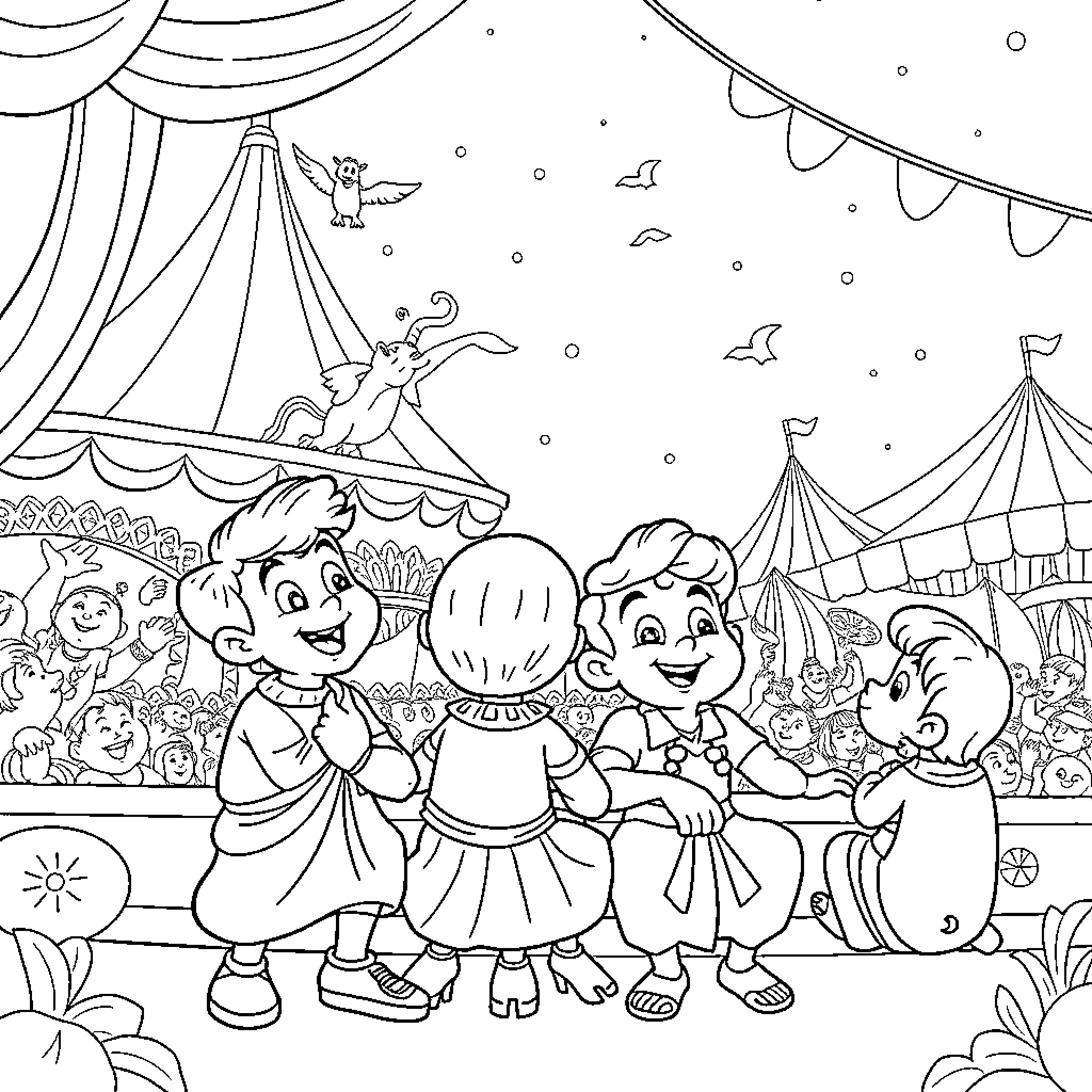 Chota Bheem and friends at the carnival Coloring Page (free black-and-white line drawing printable PDF for all, from beginners to advanced learners, including children, teens, adults, and seniors)