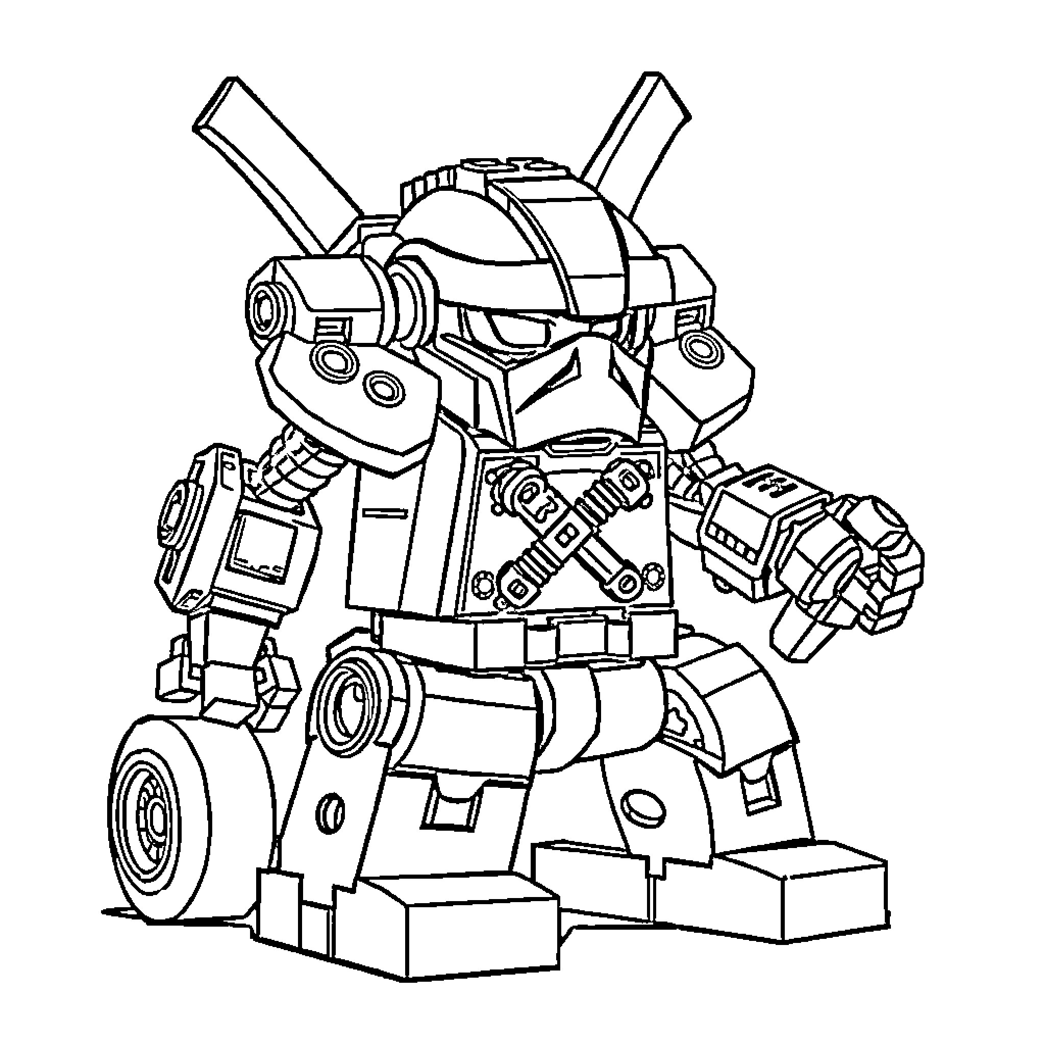 Lego Ninjago robot warrior with weapons Coloring Page (free black-and-white line drawing printable PDF for all, from beginners to advanced learners, including children, teens, adults, and seniors)