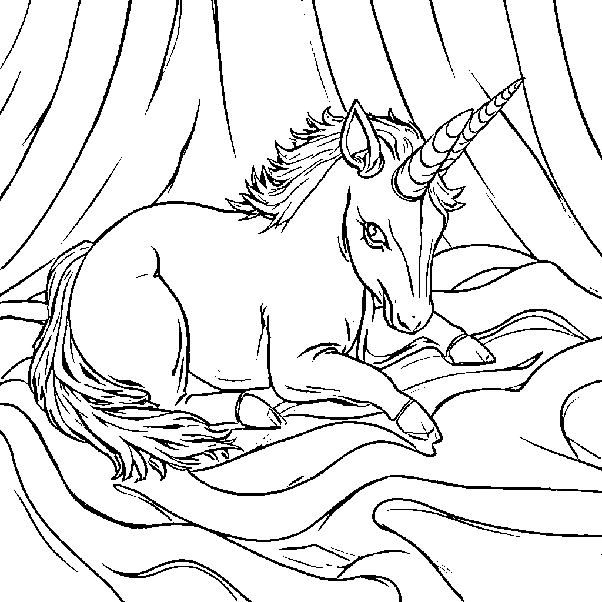 Fliscorno: Unicorn in a Mystical Forest Coloring Page (free black-and-white line drawing printable PDF for all, from beginners to advanced learners, including children, teens, adults, and seniors)