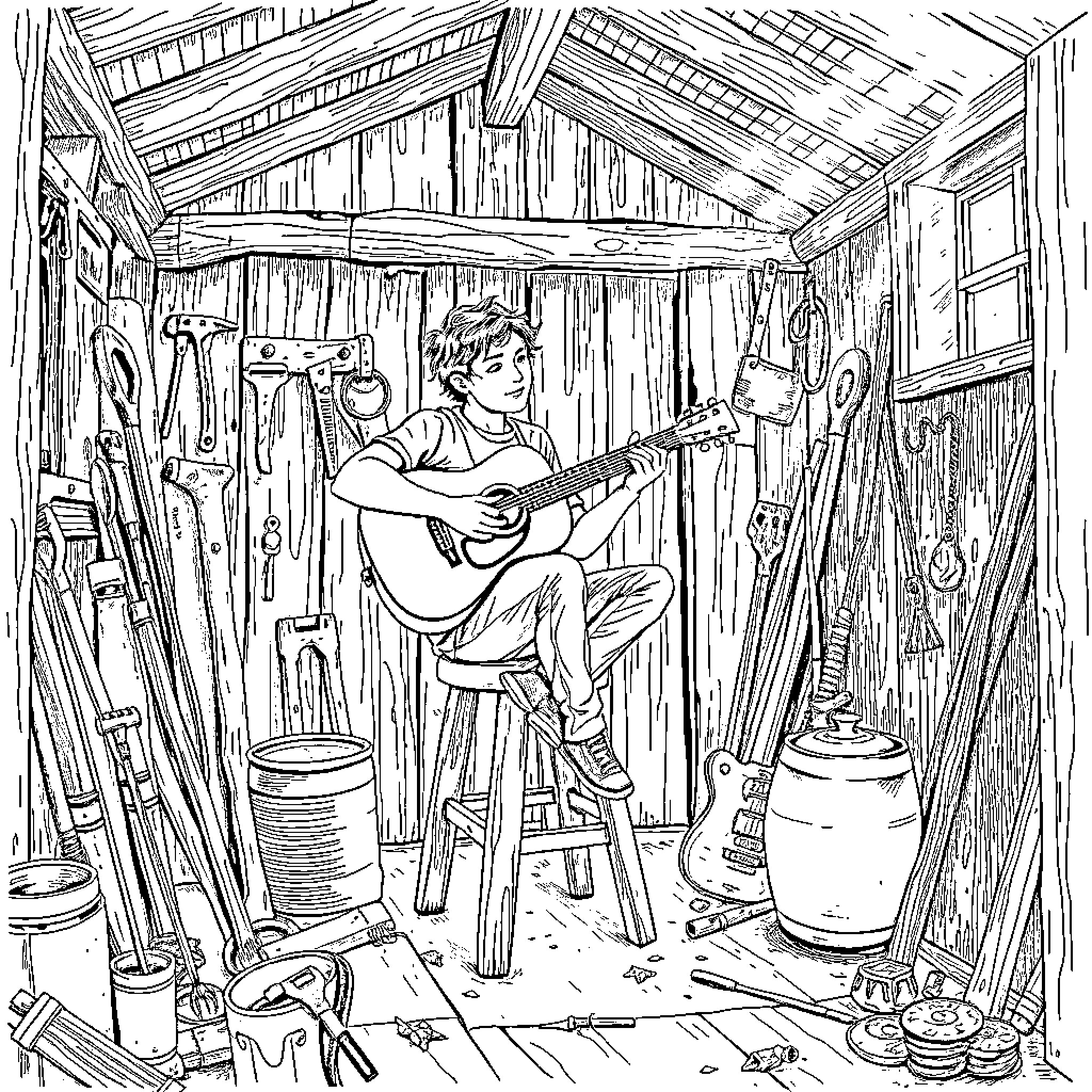 Guitar player in a rustic shed surrounded by tools Coloring Page (free black-and-white line drawing printable PDF for all, from beginners to advanced learners, including children, teens, adults, and seniors)