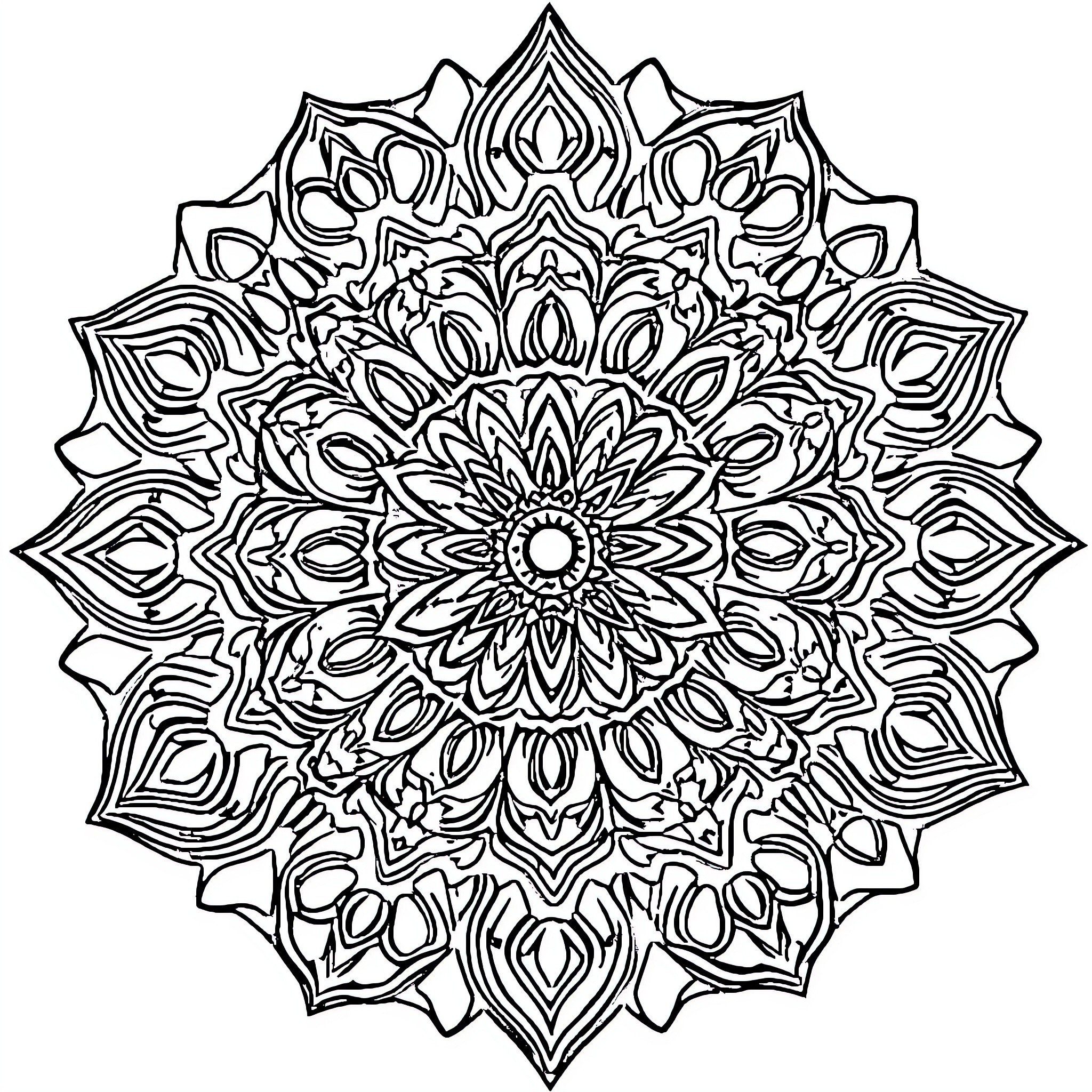 Mandala with ornate floral patterns Coloring Page (free black-and-white line drawing printable PDF for all, from beginners to advanced learners, including children, teens, adults, and seniors)