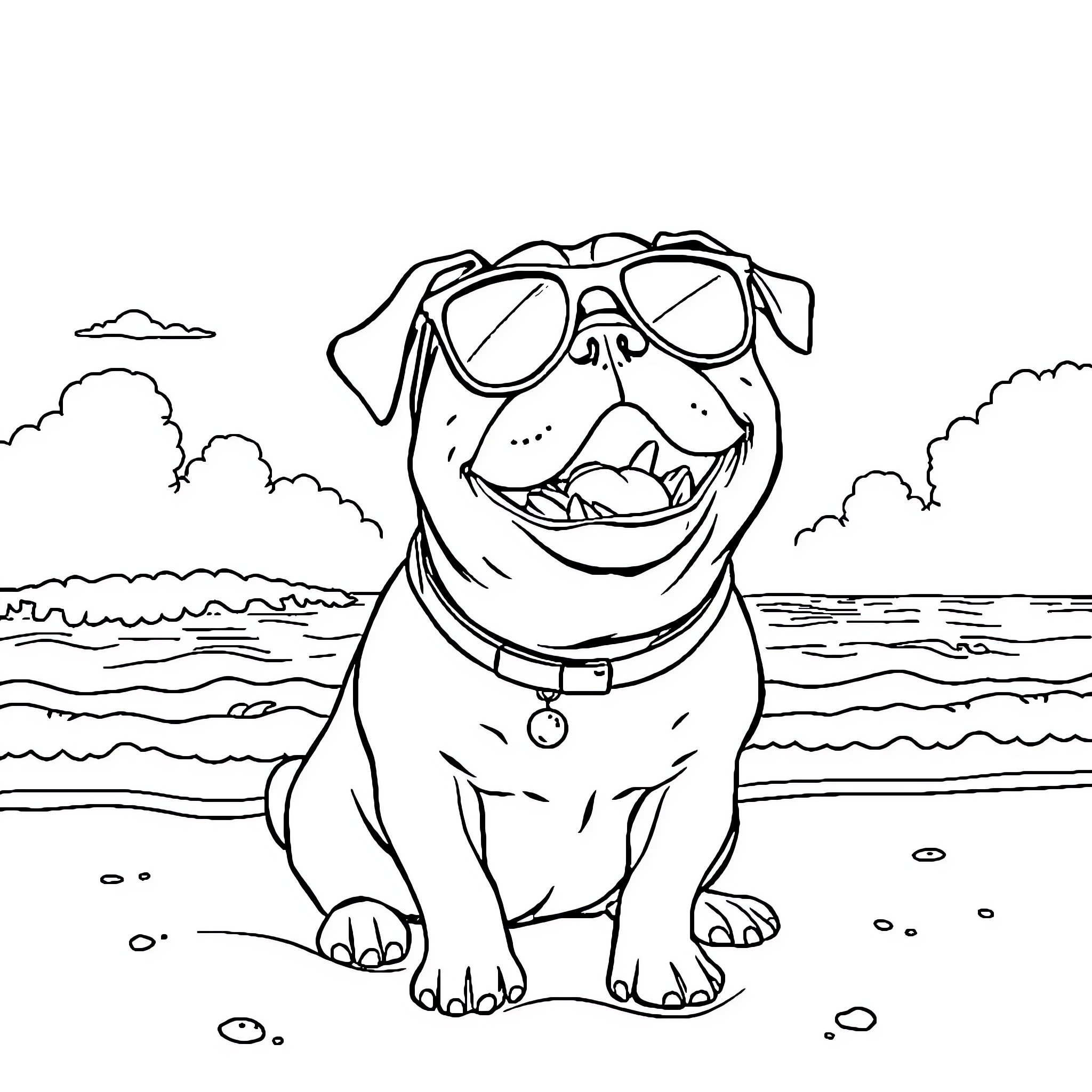 Pug enjoying a sunny day at the beach Coloring Page (free black-and-white line drawing printable PDF for all, from beginners to advanced learners, including children, teens, adults, and seniors)