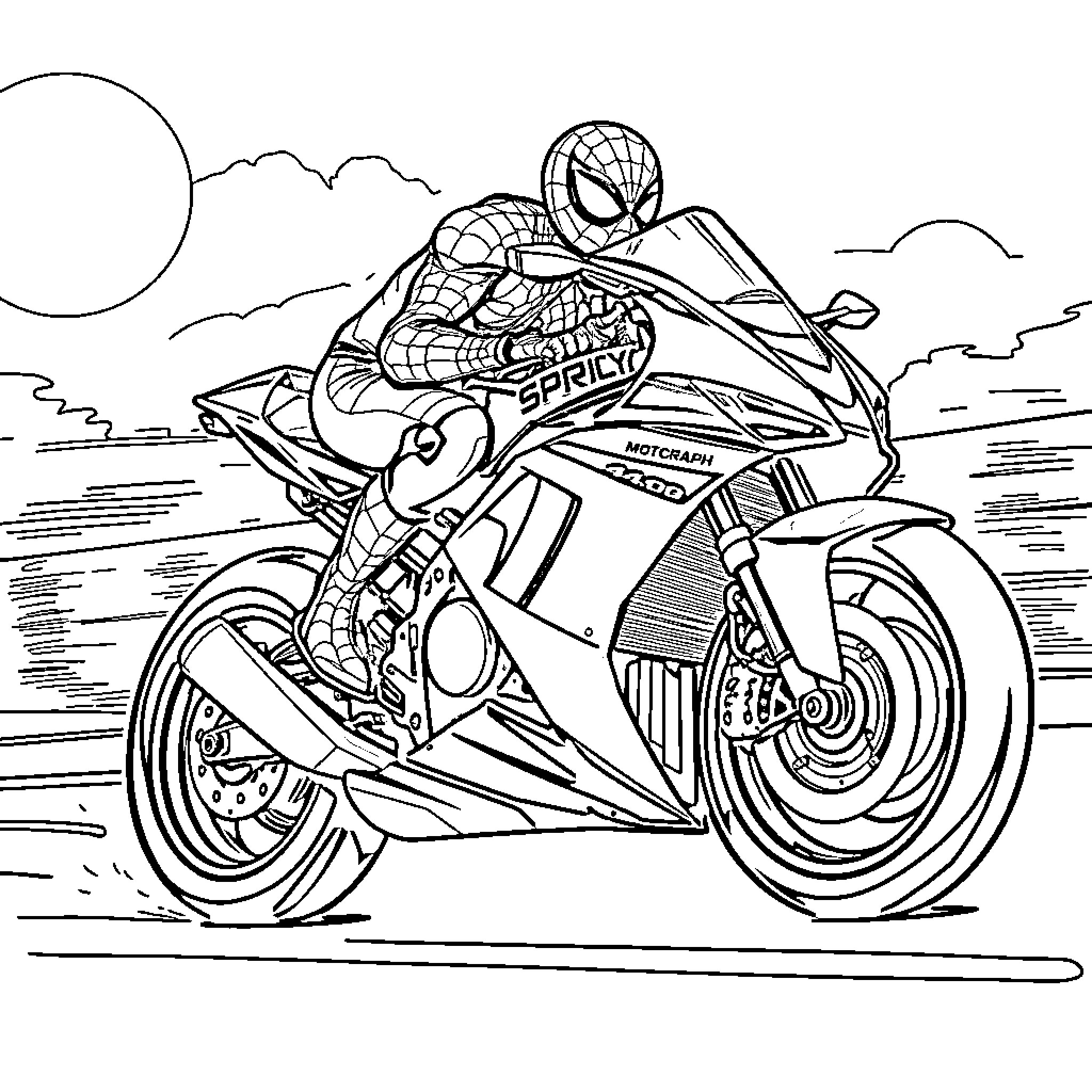 Spidey speeding on motorcycle through city landscape Coloring Page (free black-and-white line drawing printable PDF for all, from beginners to advanced learners, including children, teens, adults, and seniors)