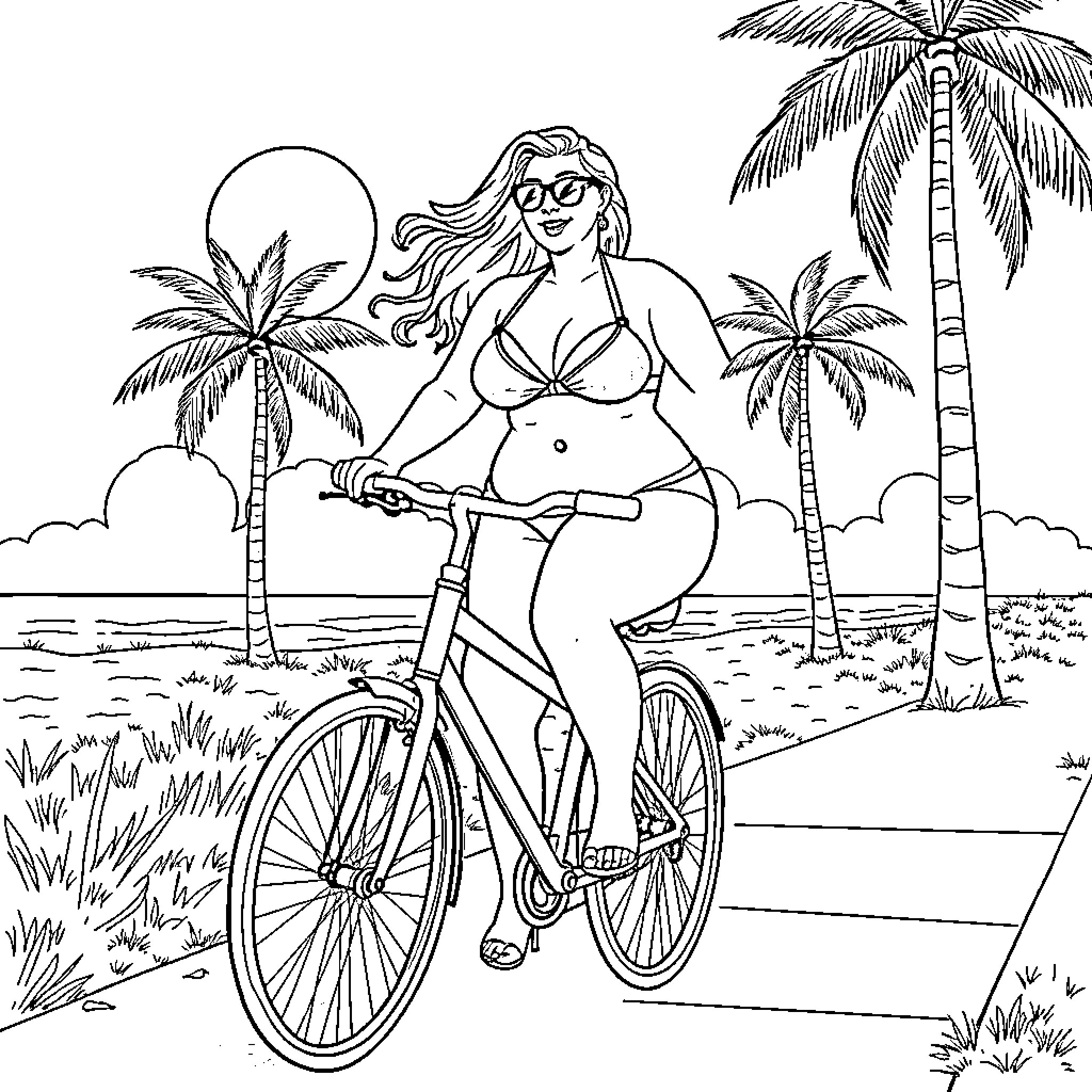 Bikini-clad woman riding bicycle on beach Coloring Page (free black-and-white line drawing printable PDF for all, from beginners to advanced learners, including children, teens, adults, and seniors)