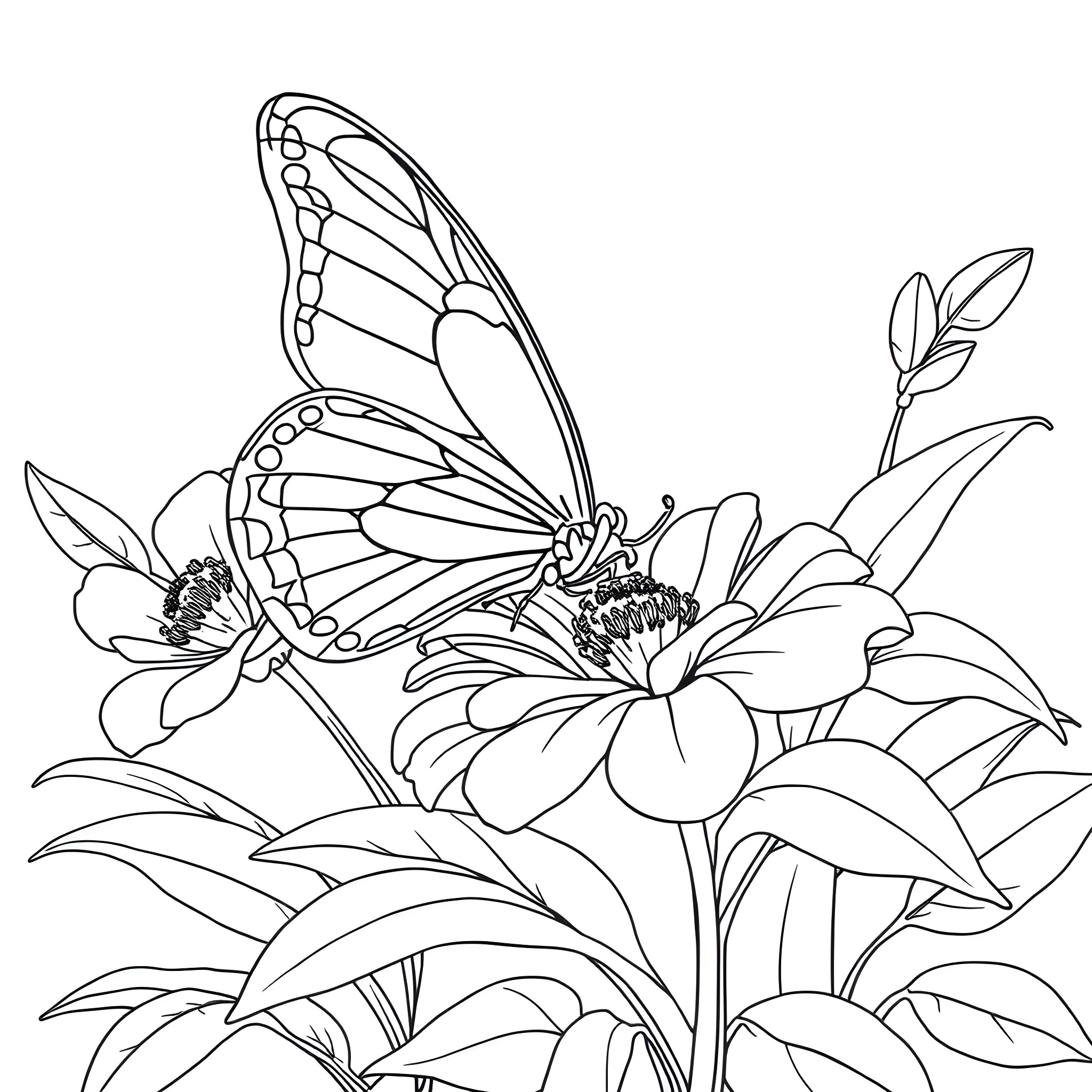 Butterfly resting on colorful flowers Coloring Page (free black-and-white line drawing printable PDF for all, from beginners to advanced learners, including children, teens, adults, and seniors)