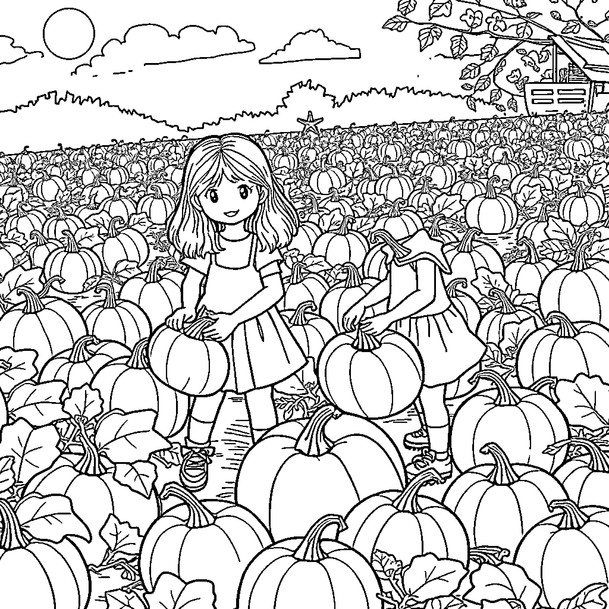 Girl exploring the pumpkin patch on a sunny day Coloring Page (free black-and-white line drawing printable PDF for all, from beginners to advanced learners, including children, teens, adults, and seniors)