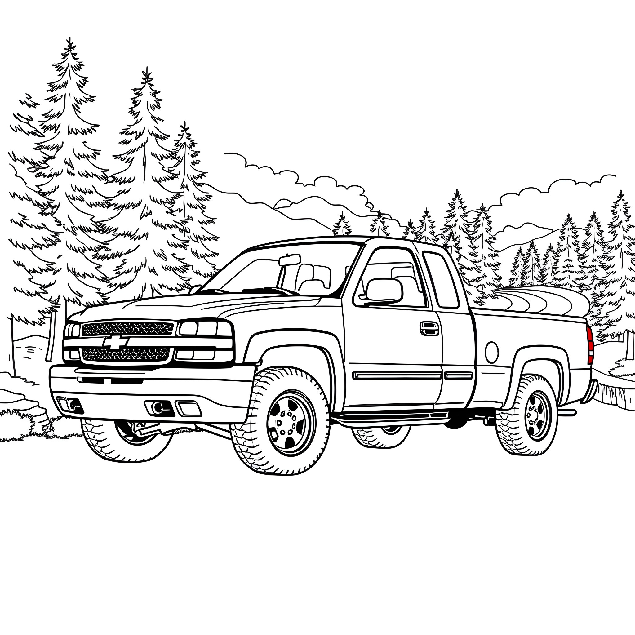Silverado pickup truck in snowy forest landscape Coloring Page (free black-and-white line drawing printable PDF for all, from beginners to advanced learners, including children, teens, adults, and seniors)