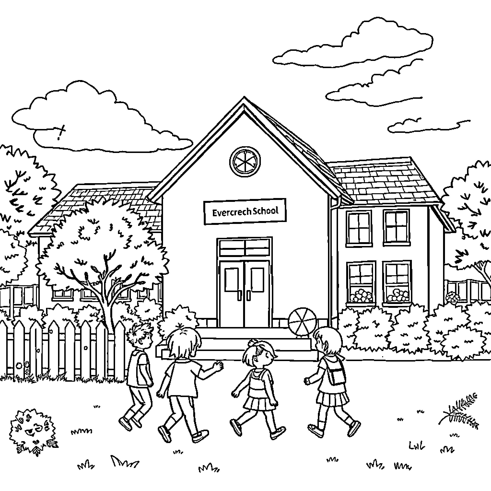 School Children Playing Outside Their Schoolhouse Coloring Page (free black-and-white line drawing printable PDF for all, from beginners to advanced learners, including children, teens, adults, and seniors)