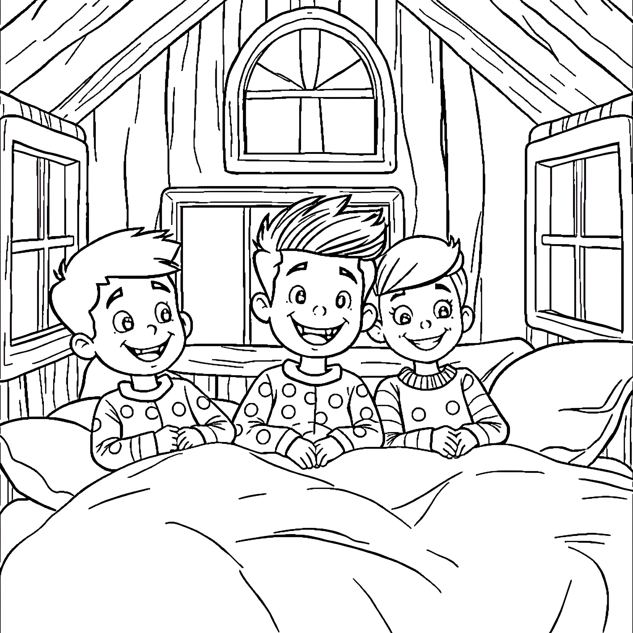 Andi Mack: Friends Enjoying a Cozy Sleepover Coloring Page (free black-and-white line drawing printable PDF for all, from beginners to advanced learners, including children, teens, adults, and seniors)