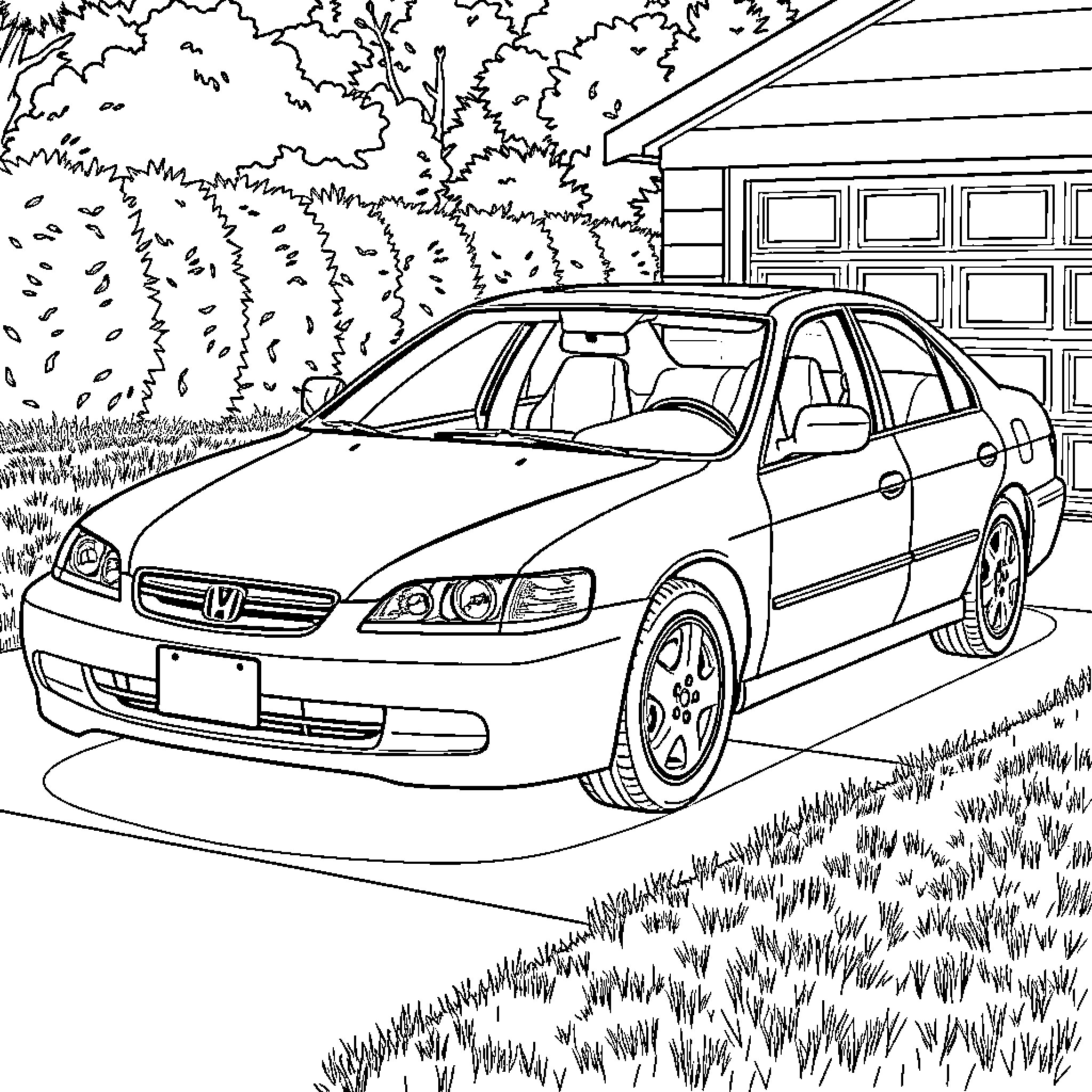 Honda Accord parked in front of a house Coloring Page (free black-and-white line drawing printable PDF for all, from beginners to advanced learners, including children, teens, adults, and seniors)