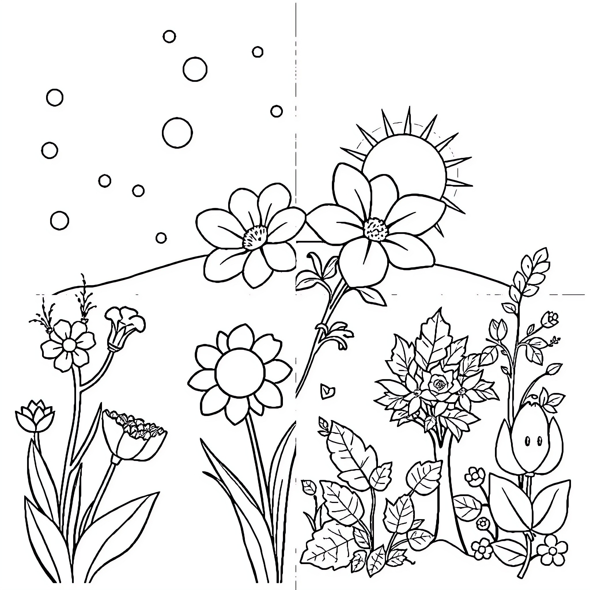 Season of Floral Blossoms and Sunshine Coloring Page (free black-and-white line drawing printable PDF for all, from beginners to advanced learners, including children, teens, adults, and seniors)