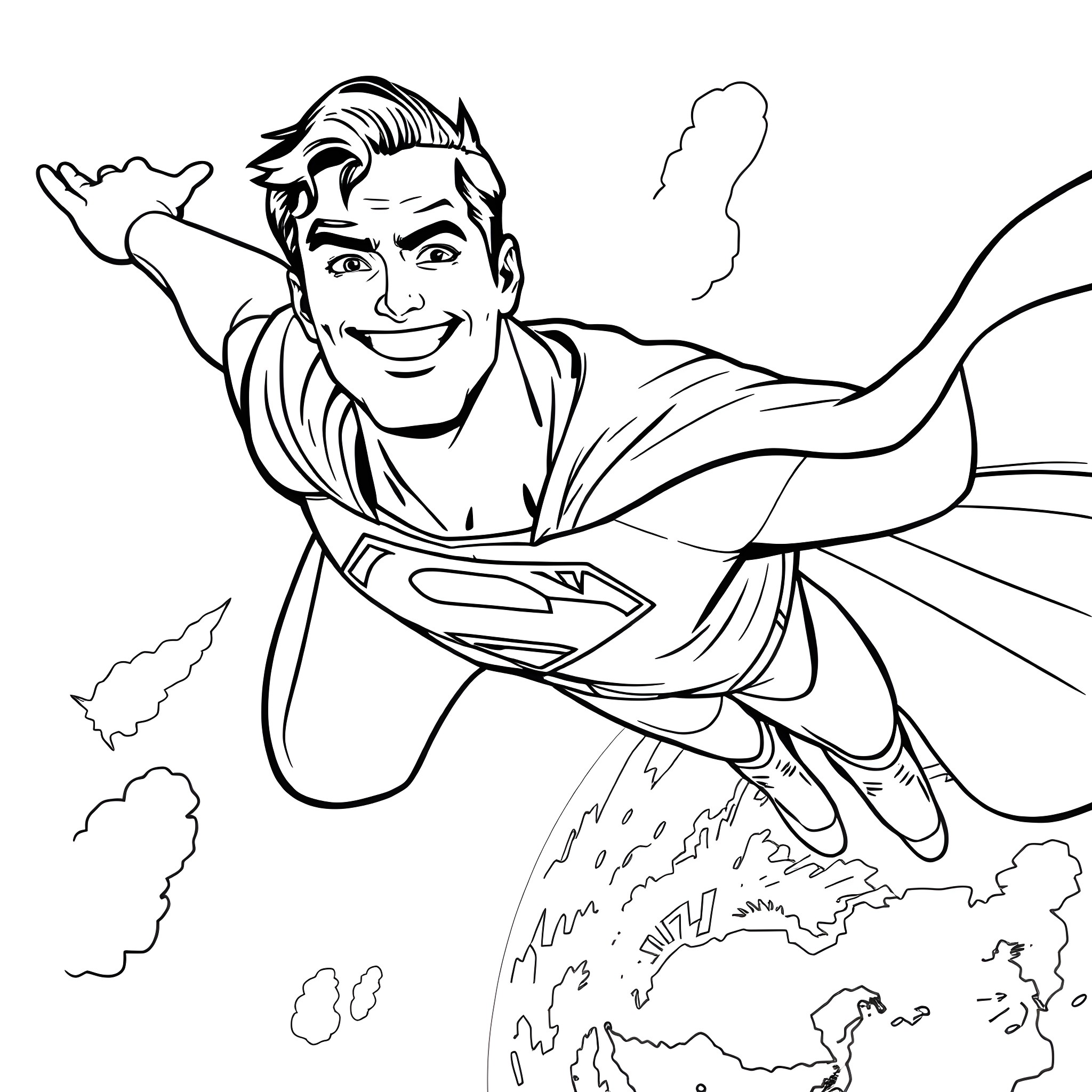 Superman soaring through the sky with determination Coloring Page (free black-and-white line drawing printable PDF for all, from beginners to advanced learners, including children, teens, adults, and seniors)