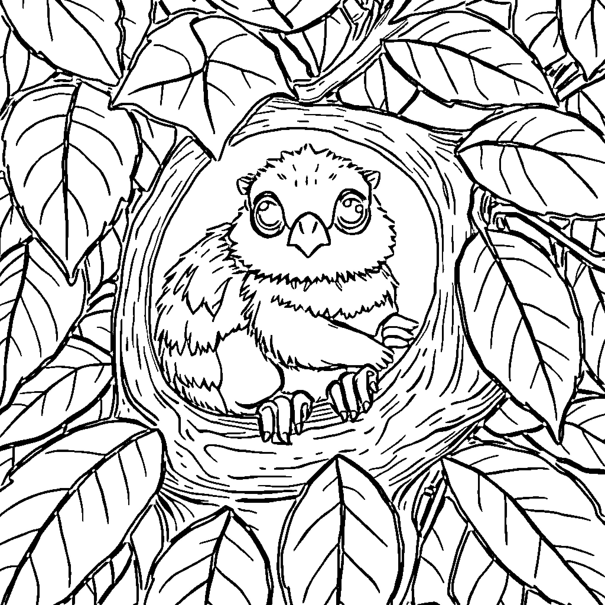 Pygmy Marmoset peeking from leafy foliage Coloring Page (free black-and-white line drawing printable PDF for all, from beginners to advanced learners, including children, teens, adults, and seniors)