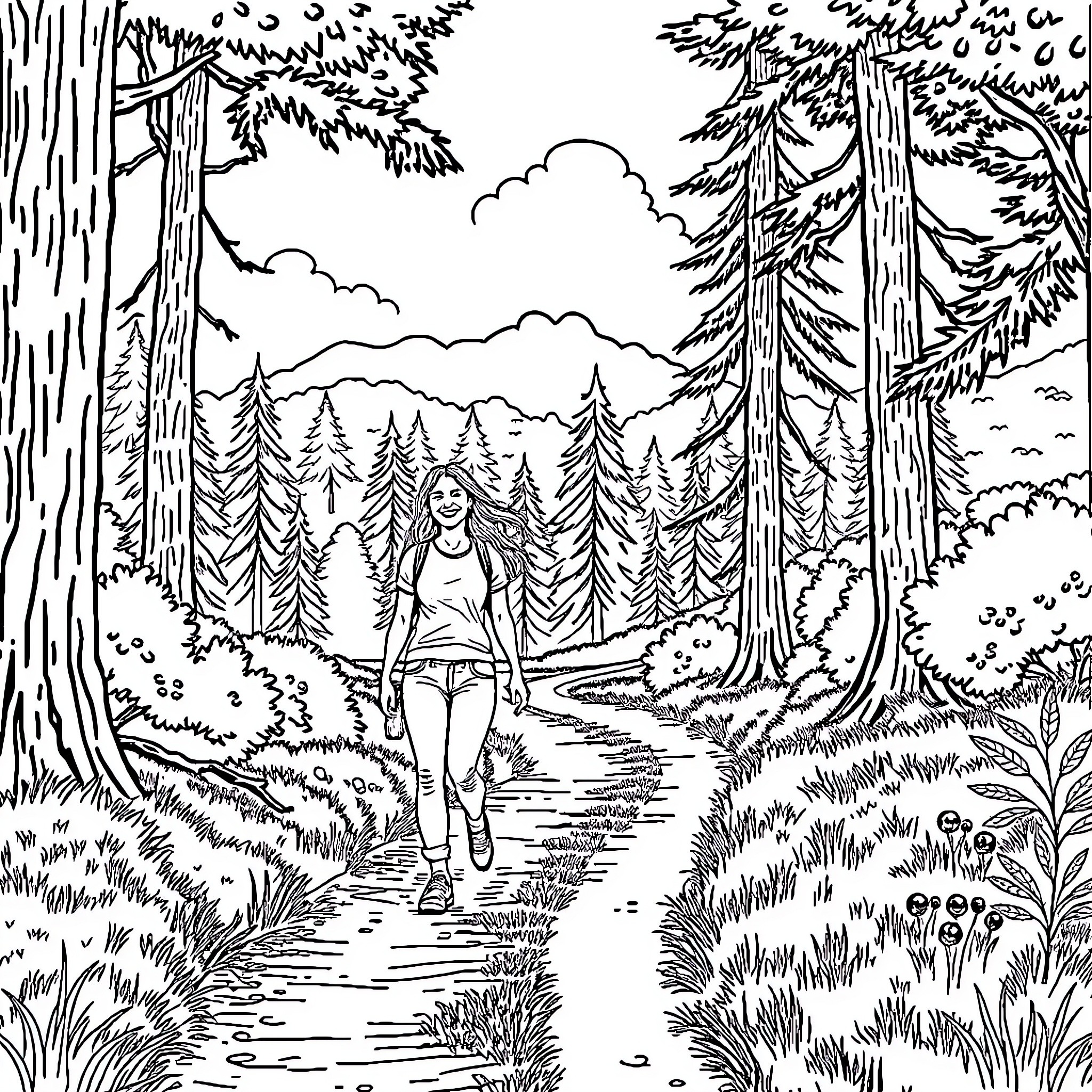 Woman walking along a forest path Coloring Page (free black-and-white line drawing printable PDF for all, from beginners to advanced learners, including children, teens, adults, and seniors)