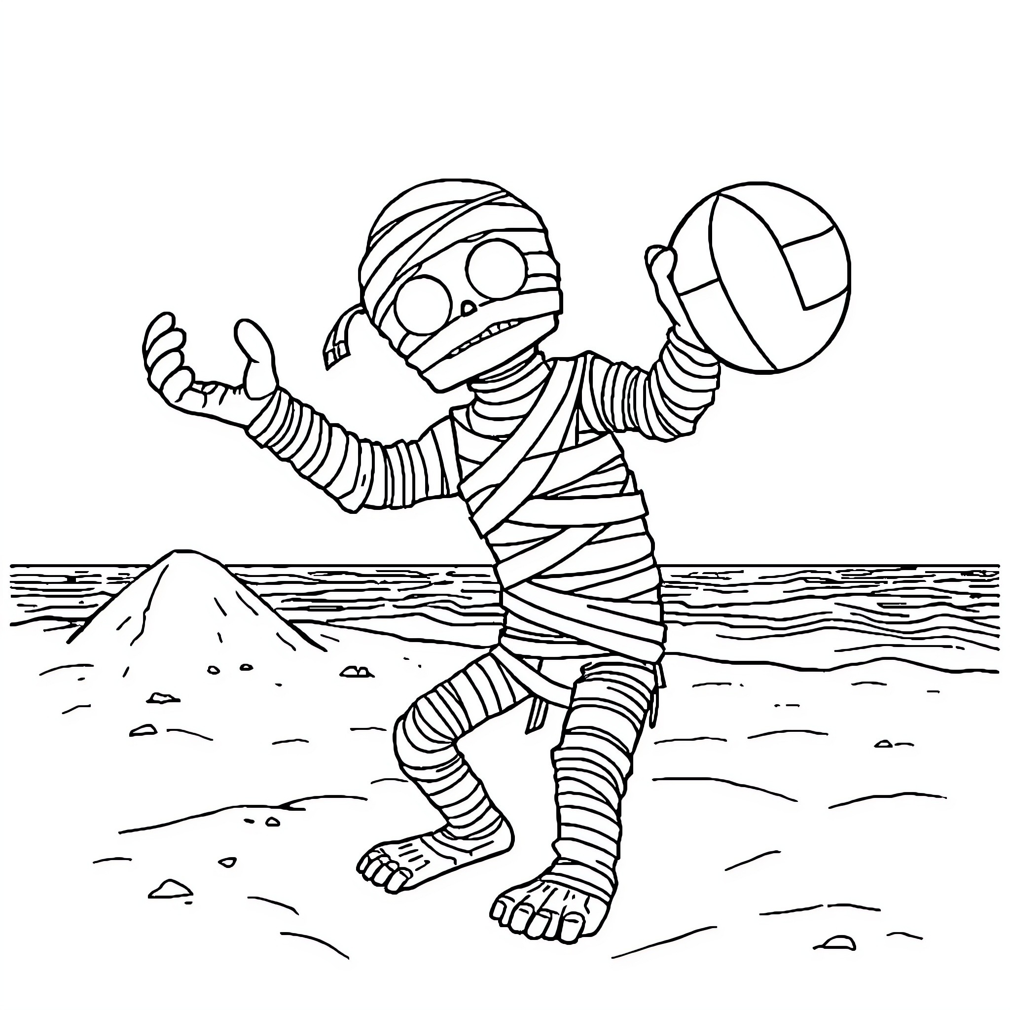 Mummy playing volleyball on the beach Coloring Page (free black-and-white line drawing printable PDF for all, from beginners to advanced learners, including children, teens, adults, and seniors)