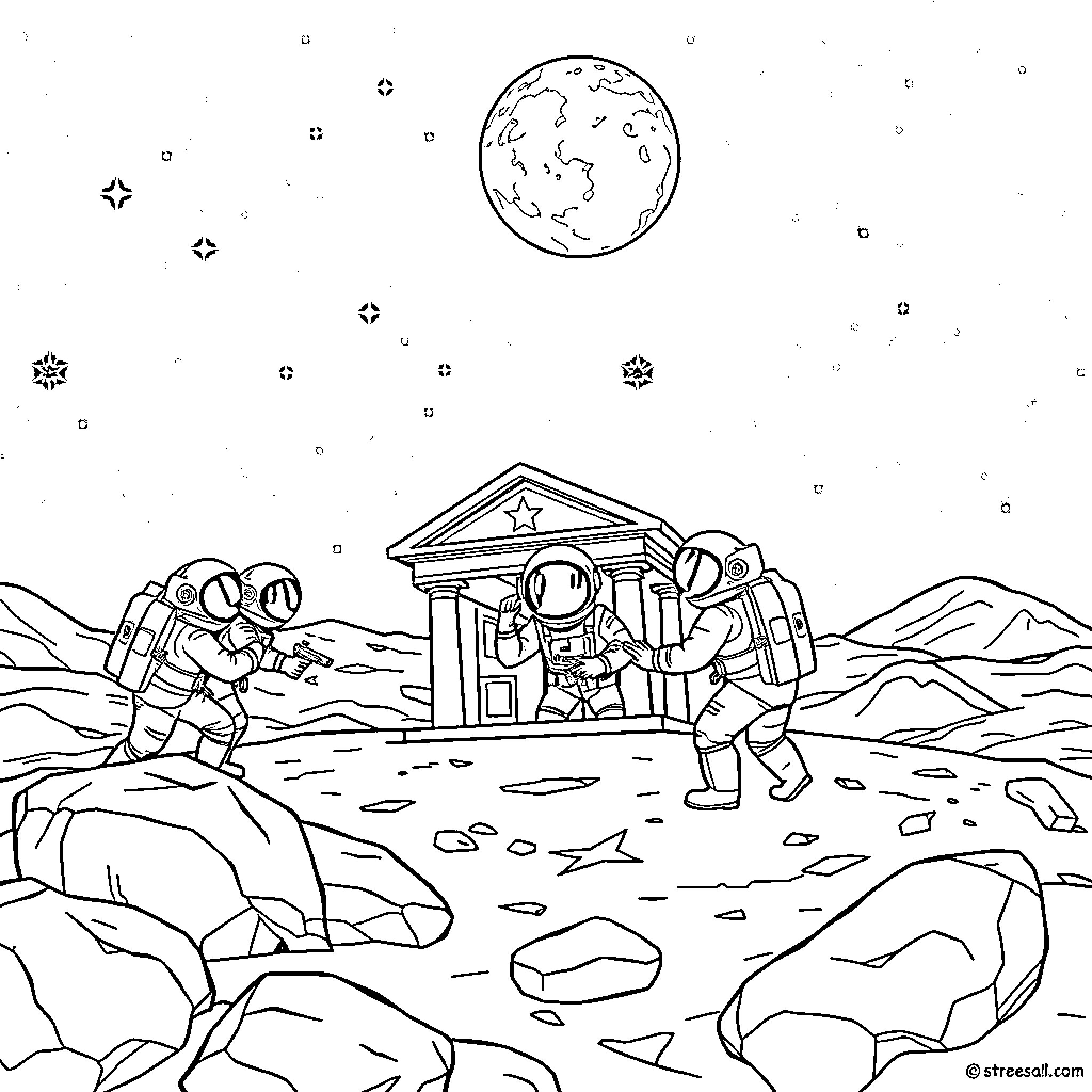 Bank of Astronauts Exploring Lunar Landscape Coloring Page (free black-and-white line drawing printable PDF for all, from beginners to advanced learners, including children, teens, adults, and seniors)