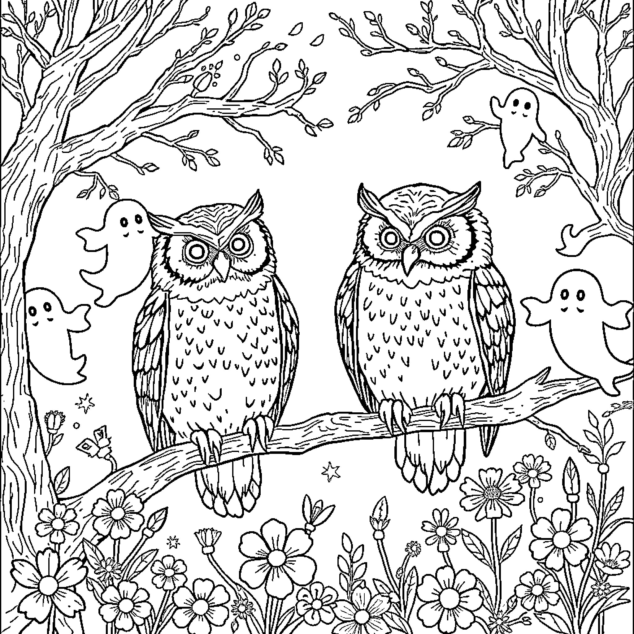 Owls and Ghosts in Enchanted Forest Coloring Page (free black-and-white line drawing printable PDF for all, from beginners to advanced learners, including children, teens, adults, and seniors)