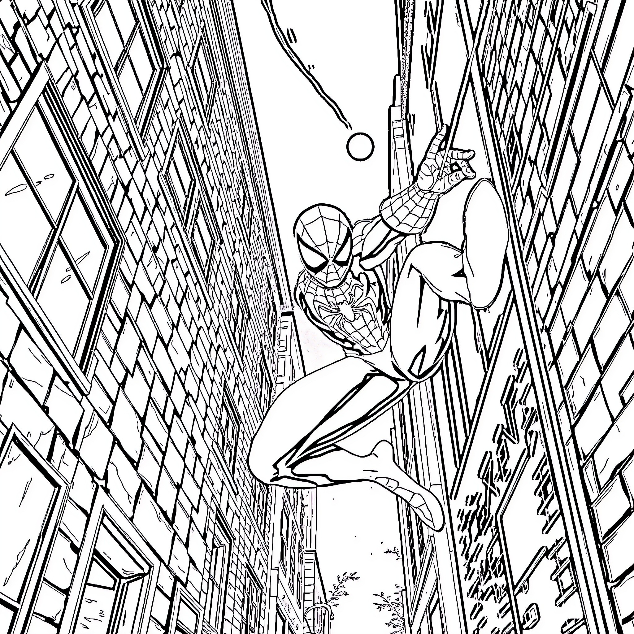 Spiderman swinging through the city Coloring Page (free black-and-white line drawing printable PDF for all, from beginners to advanced learners, including children, teens, adults, and seniors)