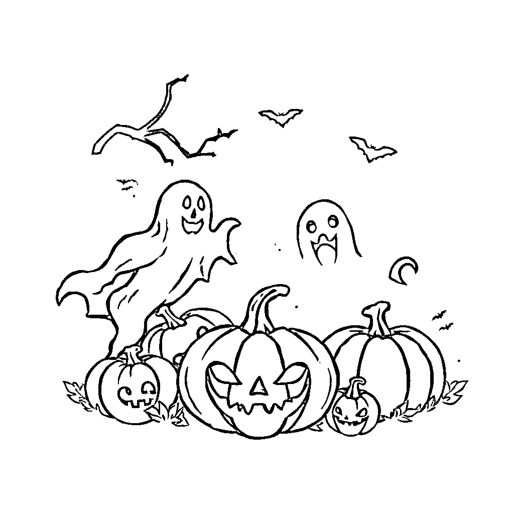 Halloween ghosts and jack-o'-lanterns in the night Coloring Page (free black-and-white line drawing printable PDF for all, from beginners to advanced learners, including children, teens, adults, and seniors)