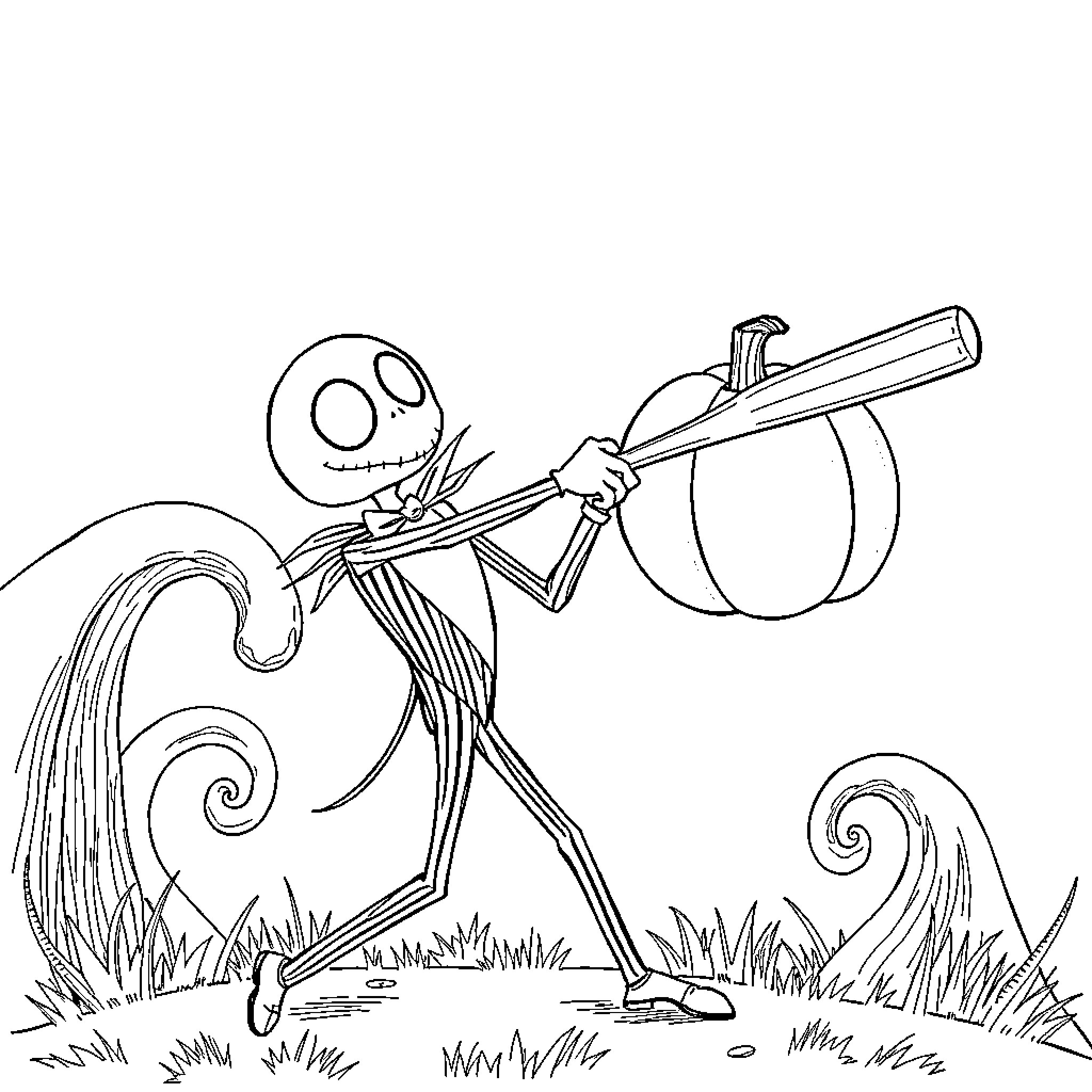 Jack Skellington carrying pumpkin in Halloween scene Coloring Page (free black-and-white line drawing printable PDF for all, from beginners to advanced learners, including children, teens, adults, and seniors)