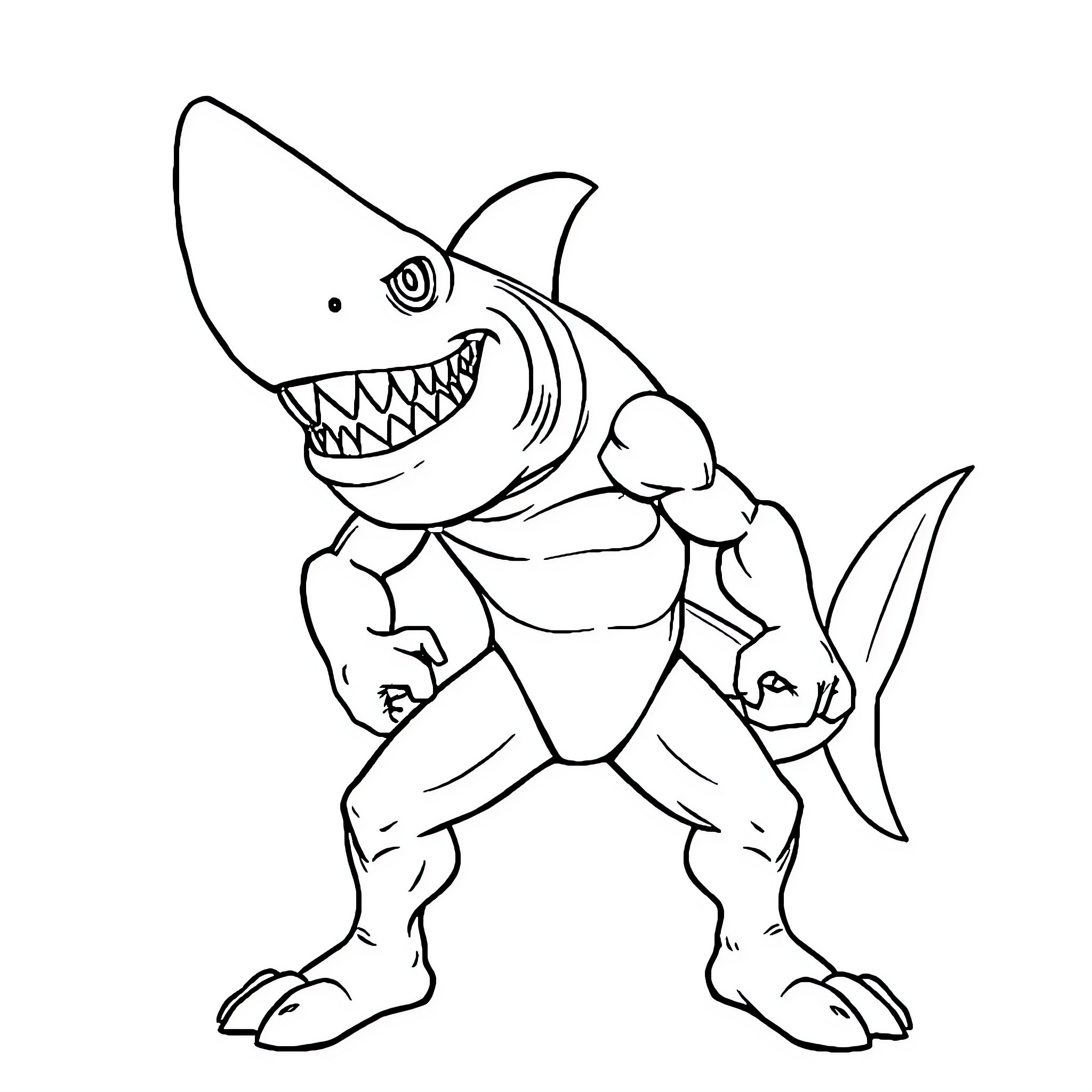 Hammerhead Shark in Muscular Fighting Pose Coloring Page (free black-and-white line drawing printable PDF for all, from beginners to advanced learners, including children, teens, adults, and seniors)