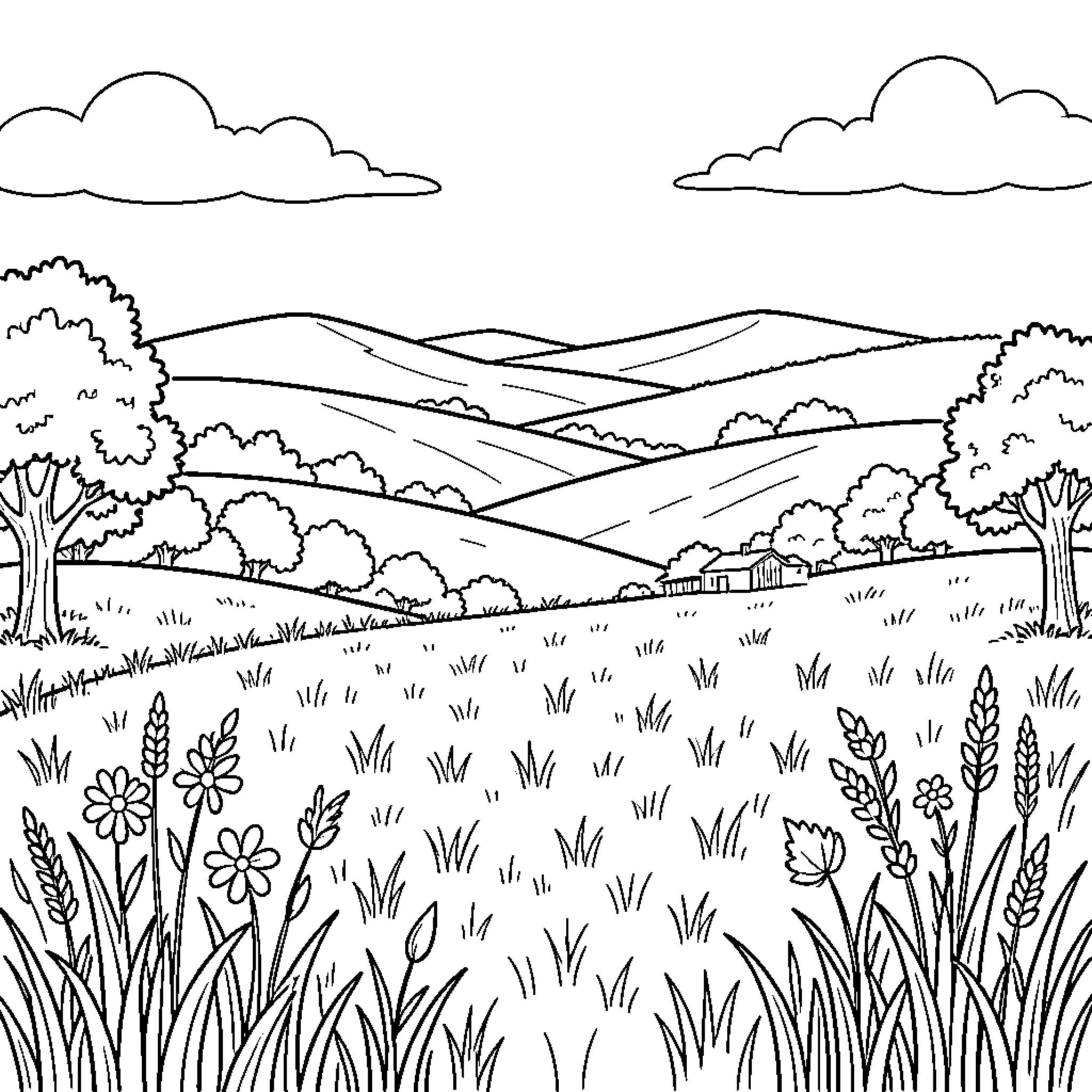 Field with rolling hills and trees under clouds Coloring Page (free black-and-white line drawing printable PDF for all, from beginners to advanced learners, including children, teens, adults, and seniors)