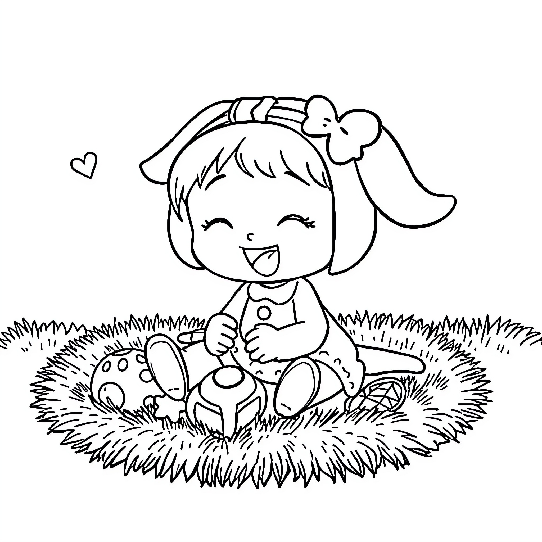 My Melody Enjoying a Cozy Picnic in the Grass Coloring Page (free black-and-white line drawing printable PDF for all, from beginners to advanced learners, including children, teens, adults, and seniors)