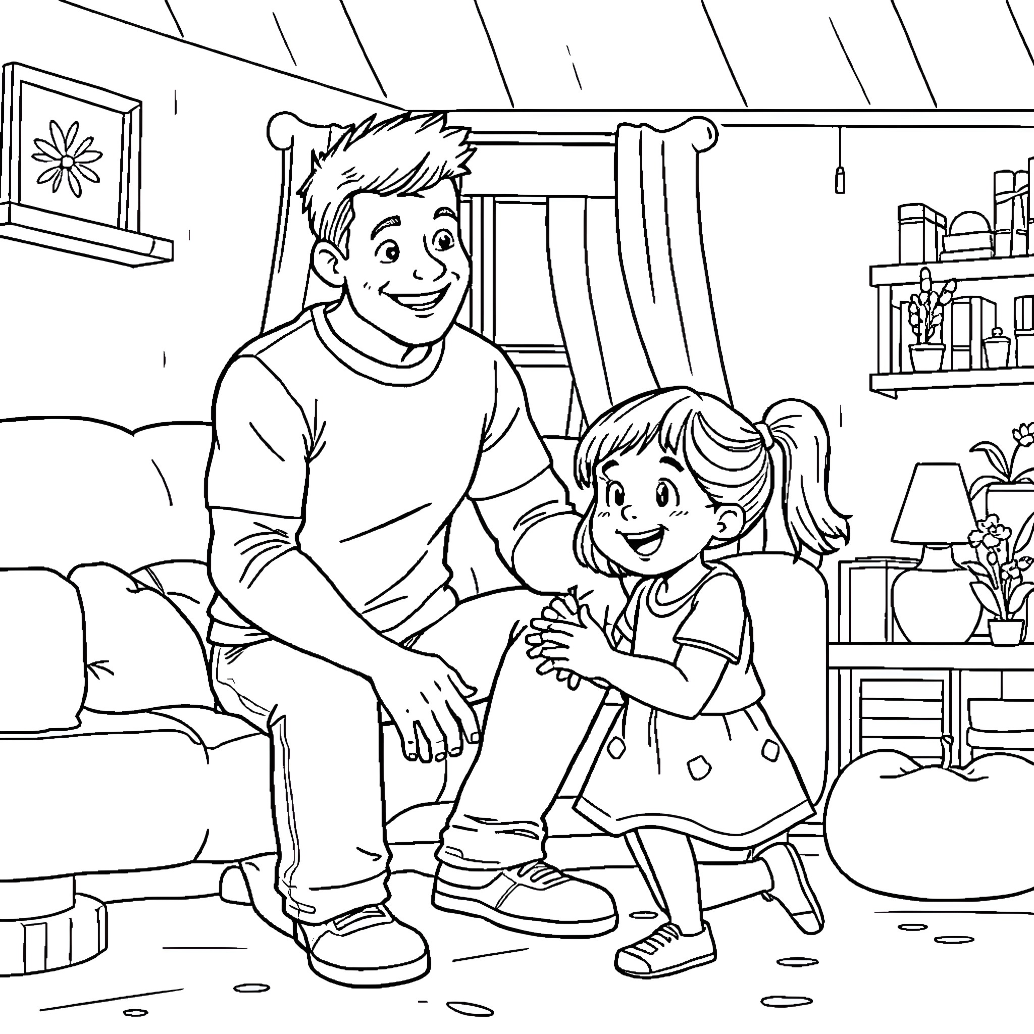 Girl spending quality time with her father at home Coloring Page (free black-and-white line drawing printable PDF for all, from beginners to advanced learners, including children, teens, adults, and seniors)
