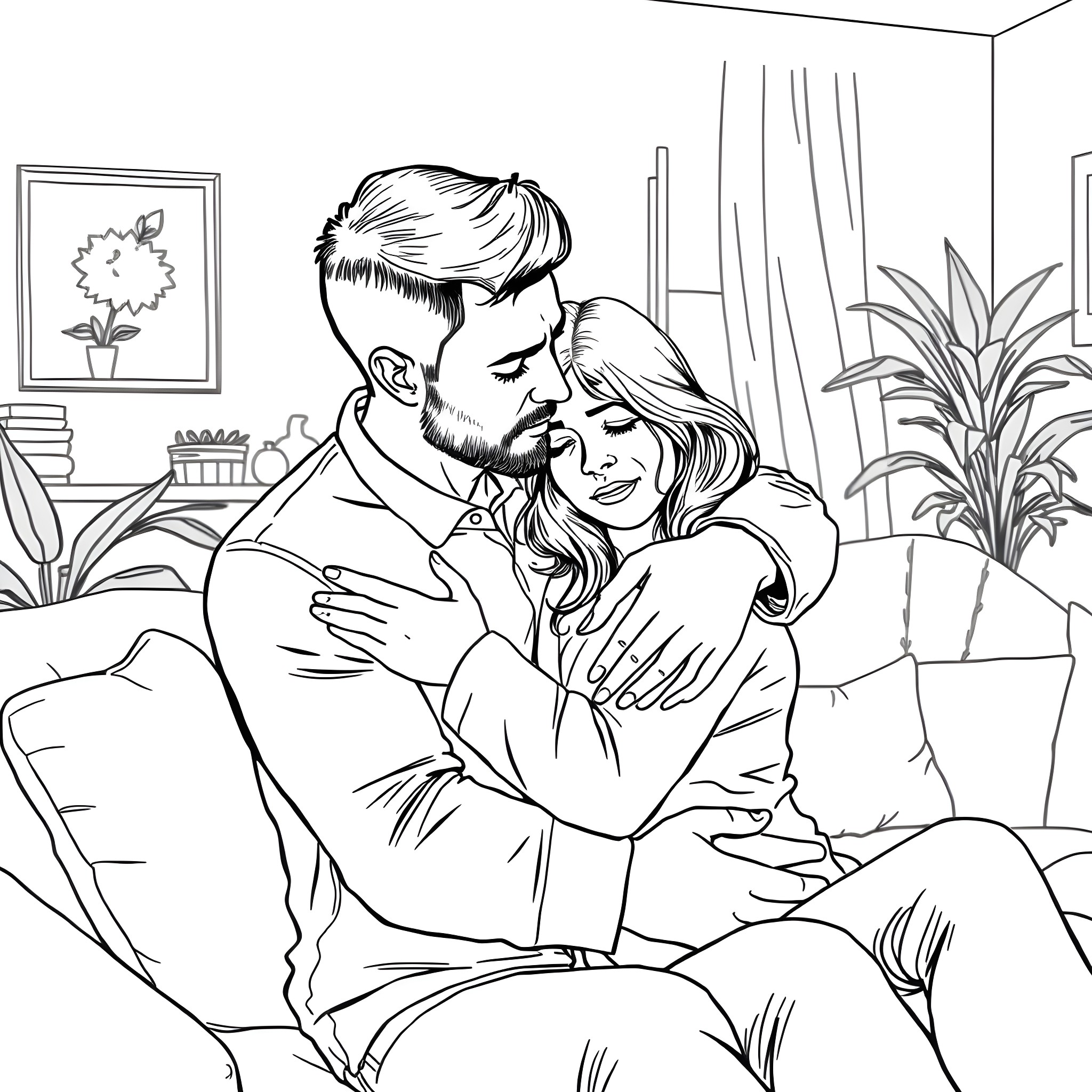 Husband and wife embracing lovingly on the couch Coloring Page (free black-and-white line drawing printable PDF for all, from beginners to advanced learners, including children, teens, adults, and seniors)