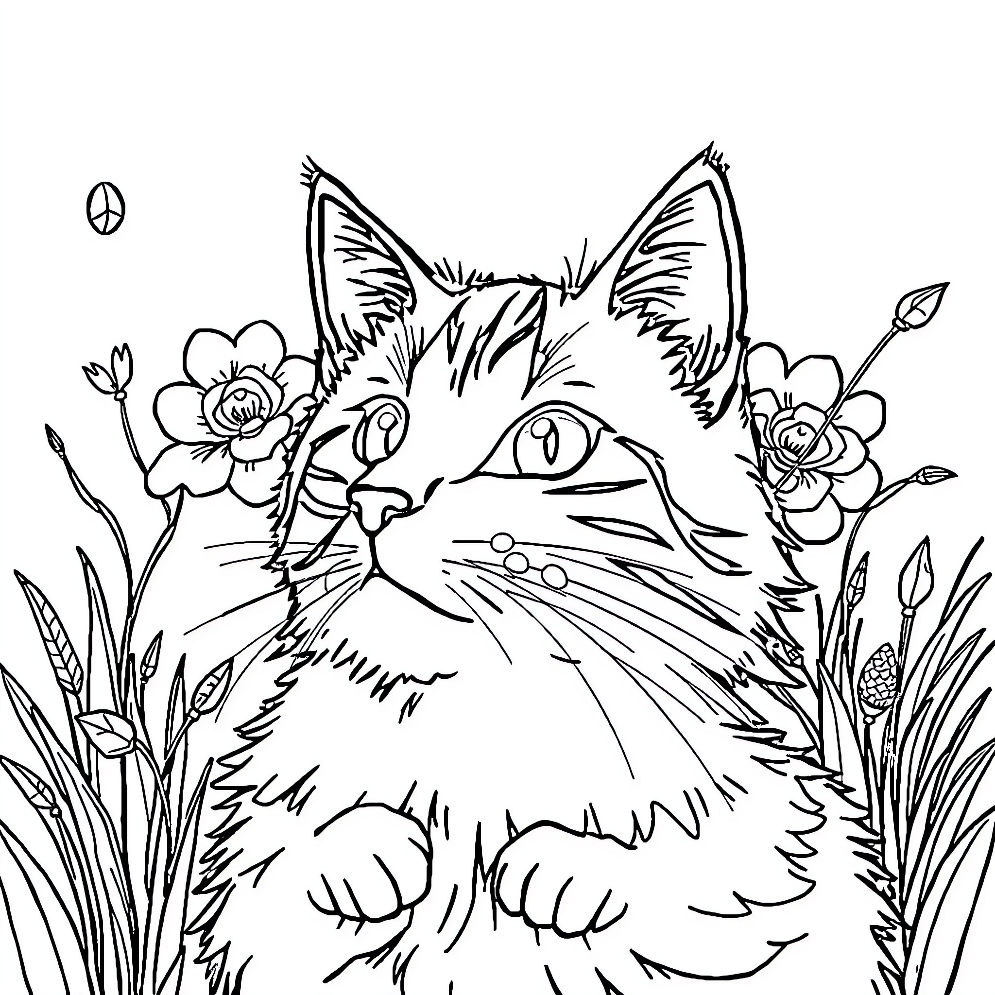 Cat Surrounded by Flowers and Nature Coloring Page (free black-and-white line drawing printable PDF for all, from beginners to advanced learners, including children, teens, adults, and seniors)