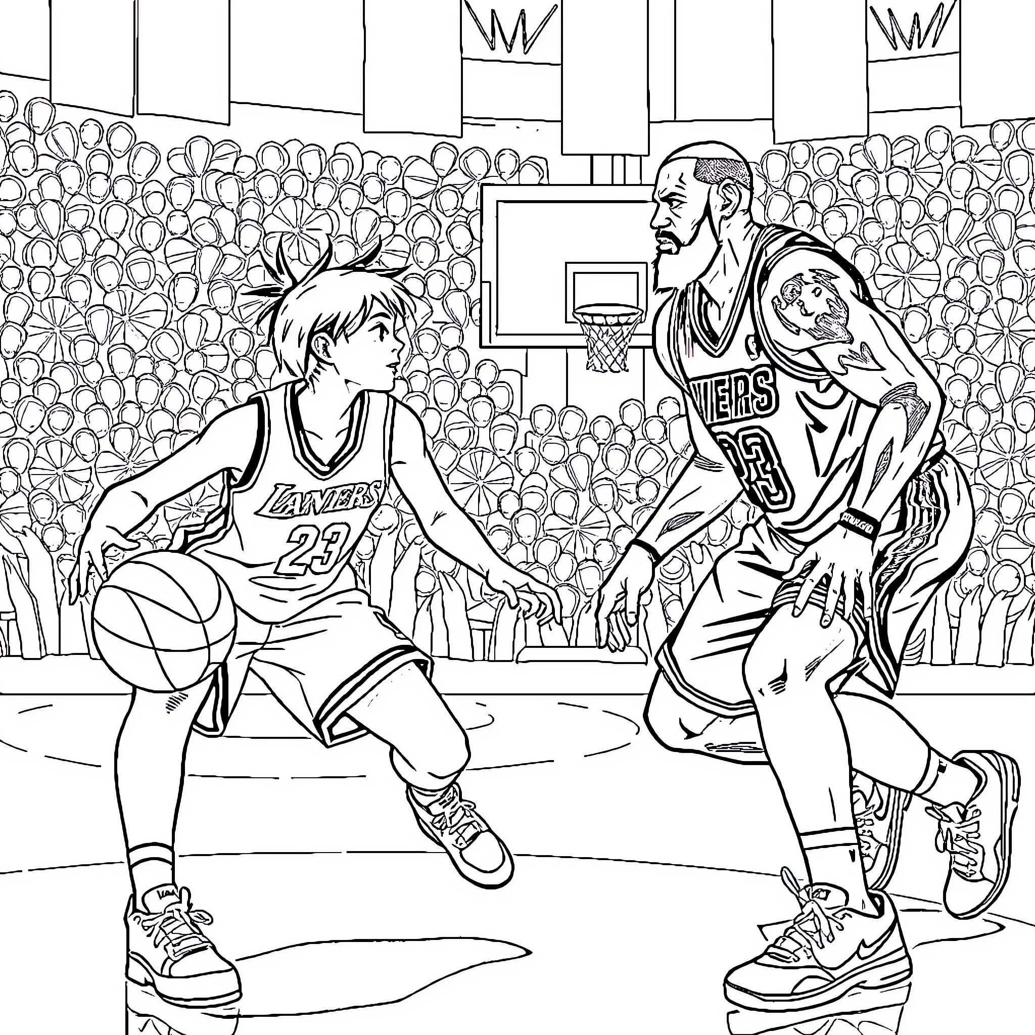 Sora Kurumatani playing basketball on the court Coloring Page (free black-and-white line drawing printable PDF for all, from beginners to advanced learners, including children, teens, adults, and seniors)
