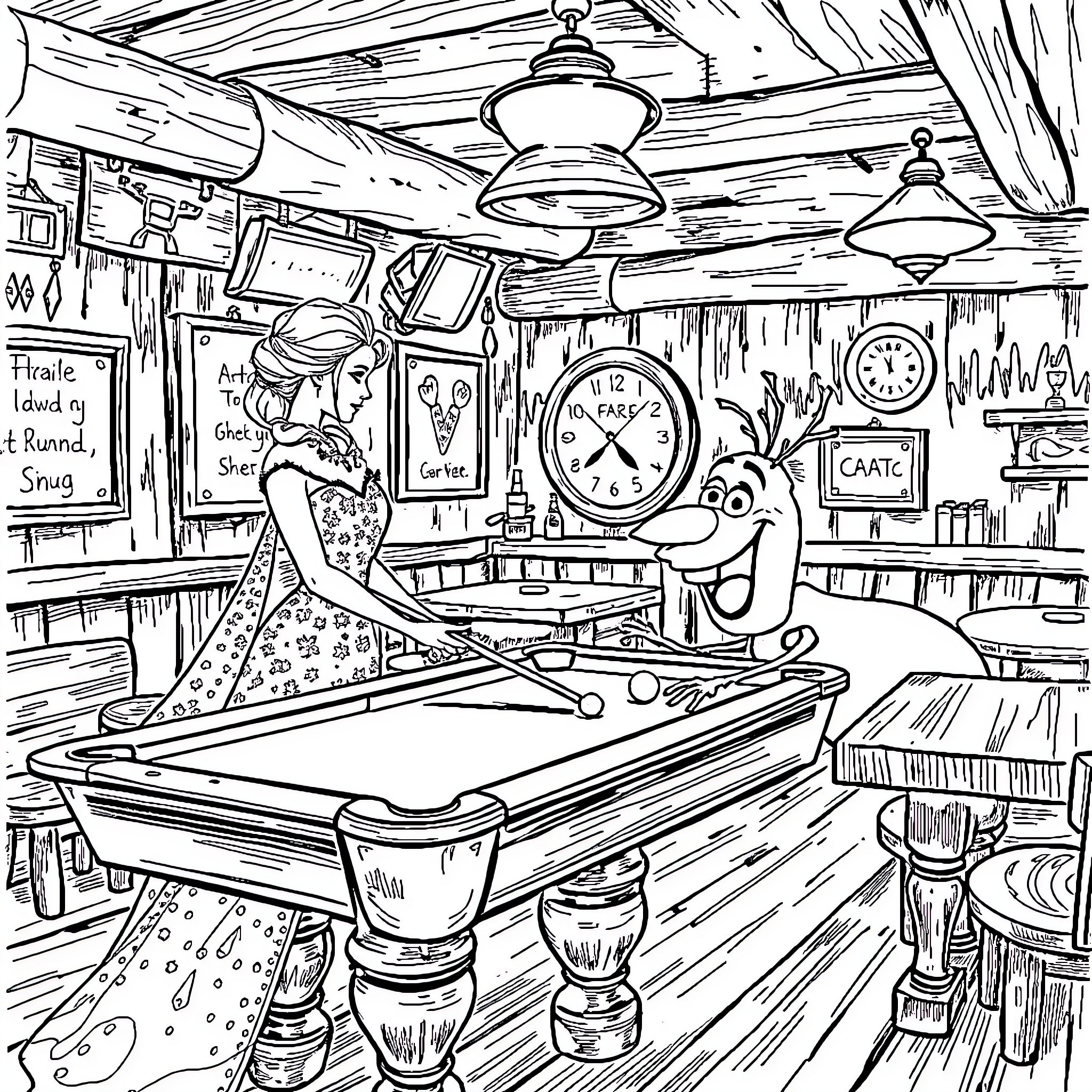 Elsa playing pool in a cozy tavern Coloring Page (free black-and-white line drawing printable PDF for all, from beginners to advanced learners, including children, teens, adults, and seniors)