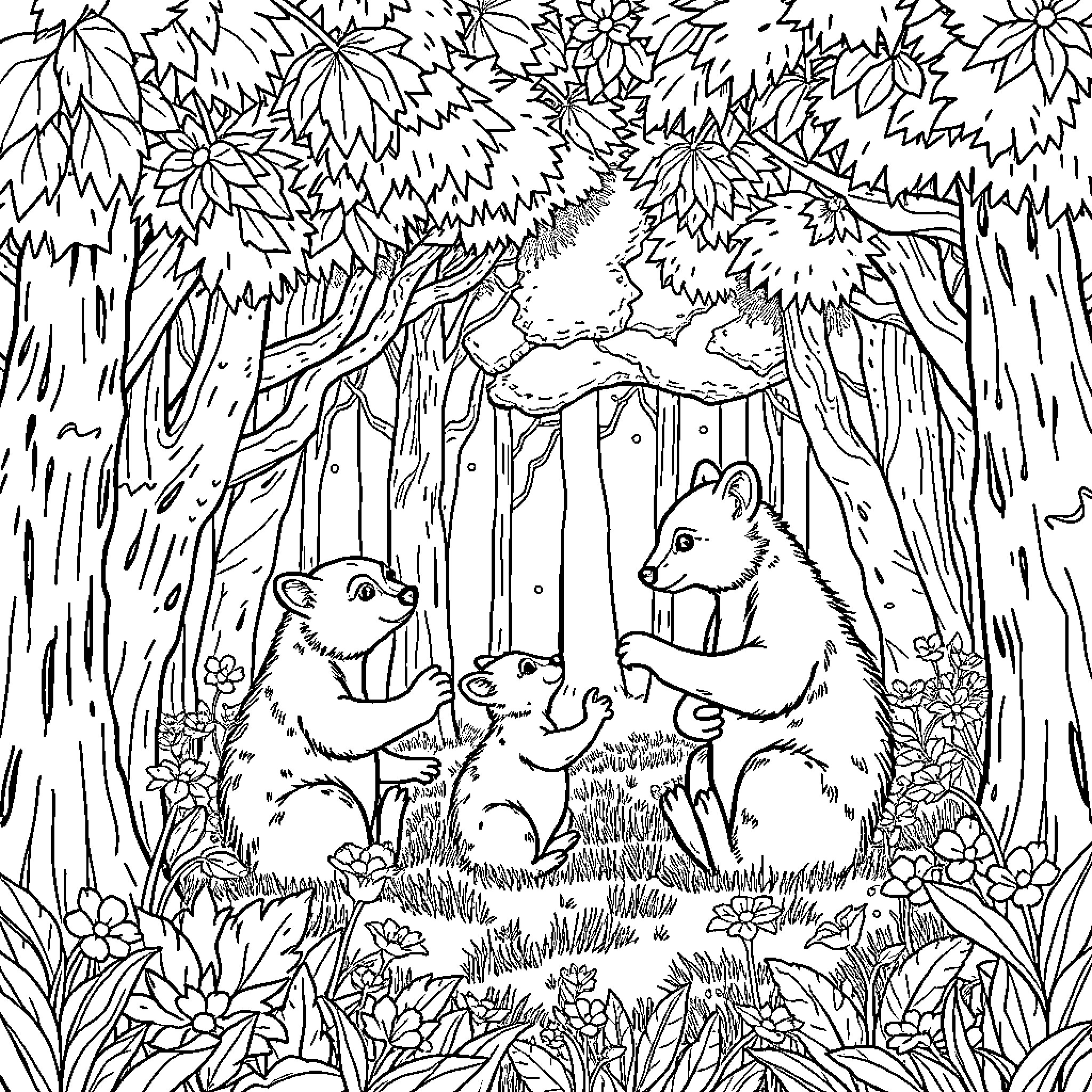 Bear Family Gathering in the Enchanted Forest Coloring Page (free black-and-white line drawing printable PDF for all, from beginners to advanced learners, including children, teens, adults, and seniors)