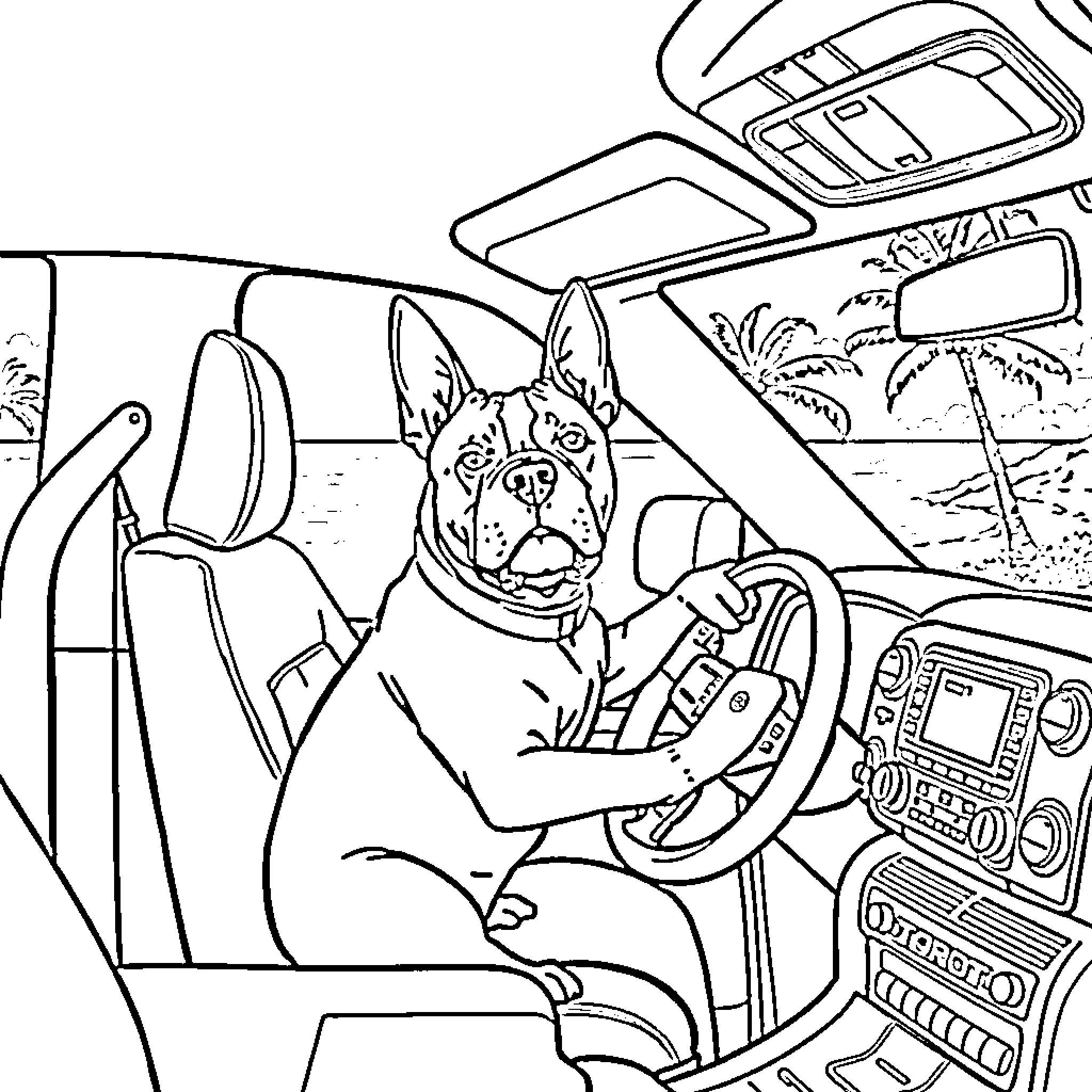 American Staffordshire Terrier driving a car on the beach Coloring Page (free black-and-white line drawing printable PDF for all, from beginners to advanced learners, including children, teens, adults, and seniors)