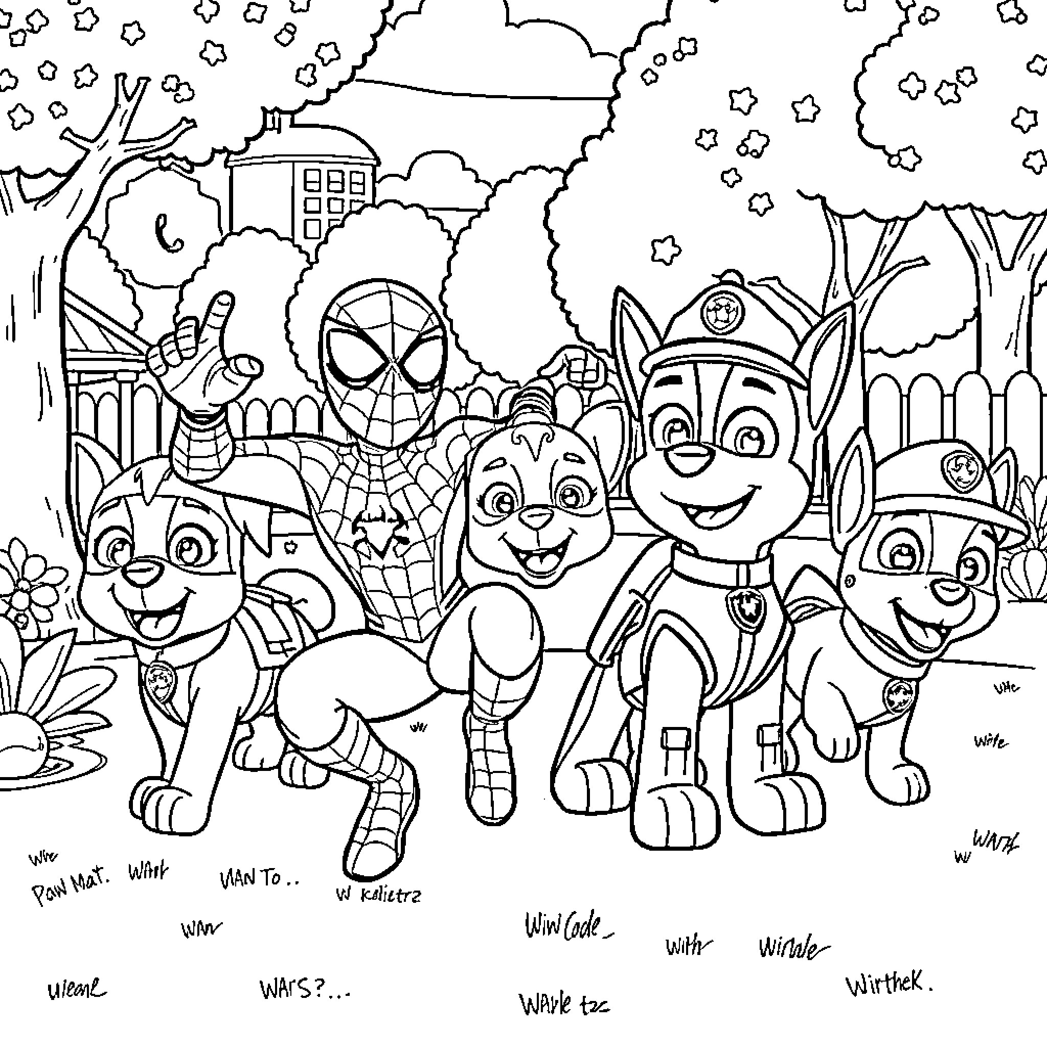 Spider-Man and Paw Patrol Heroes on an Adventure Coloring Page (free black-and-white line drawing printable PDF for all, from beginners to advanced learners, including children, teens, adults, and seniors)