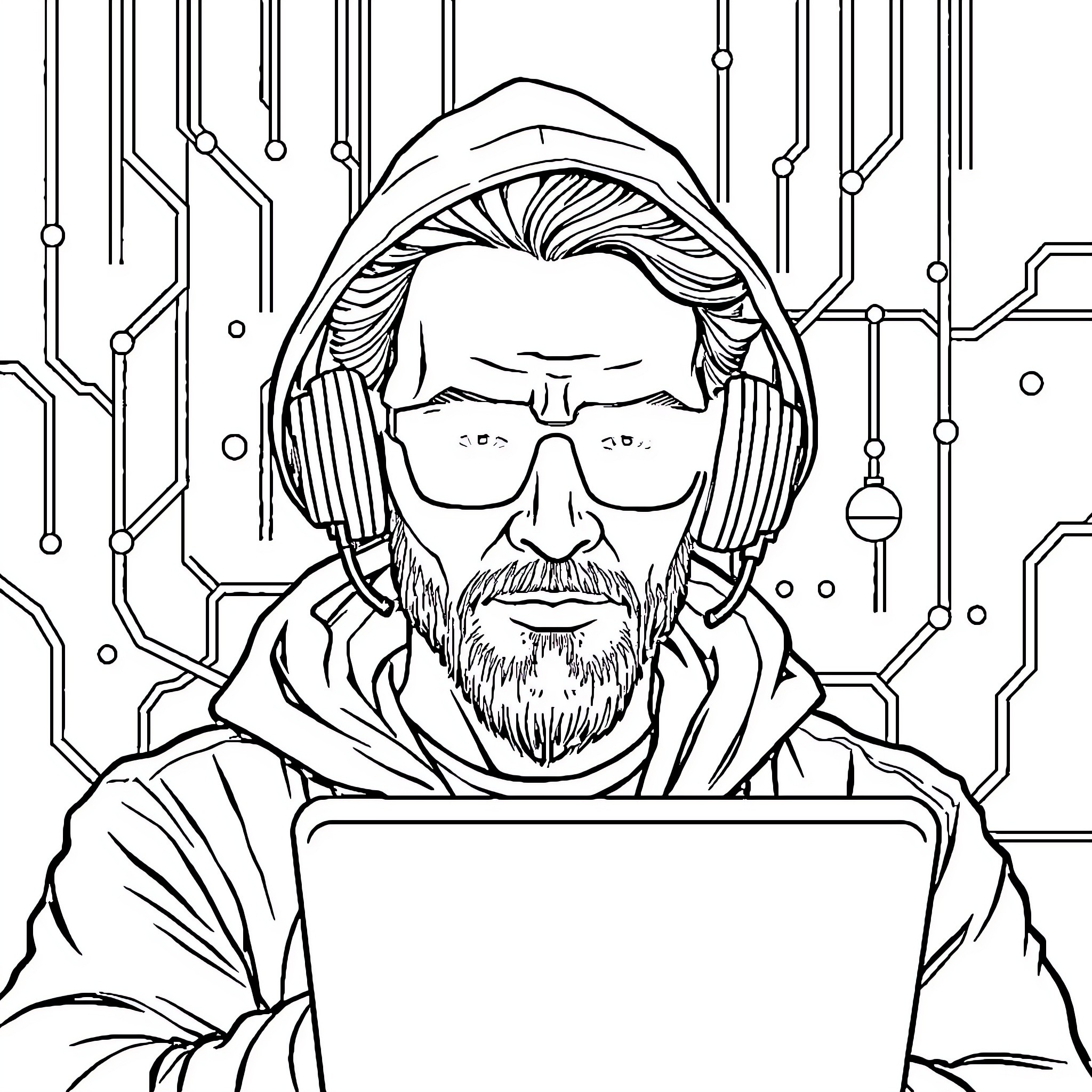 Hacker intently focused on computer screen Coloring Page (free black-and-white line drawing printable PDF for all, from beginners to advanced learners, including children, teens, adults, and seniors)