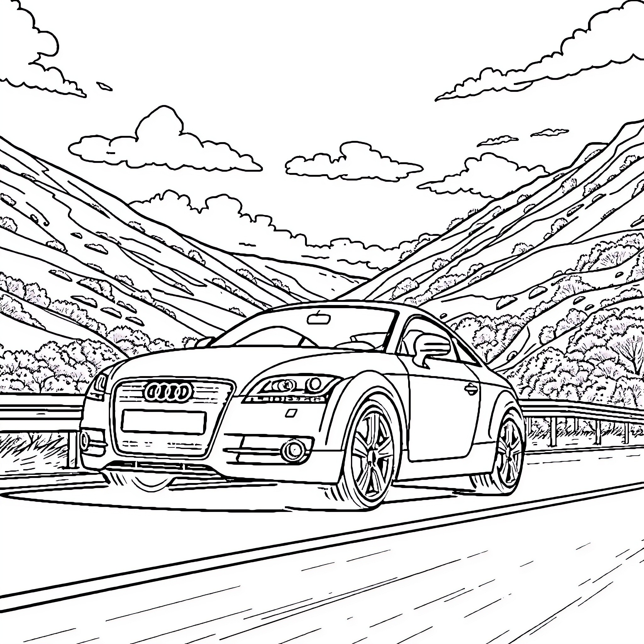 Audi sports car driving through scenic mountain road Coloring Page (free black-and-white line drawing printable PDF for all, from beginners to advanced learners, including children, teens, adults, and seniors)